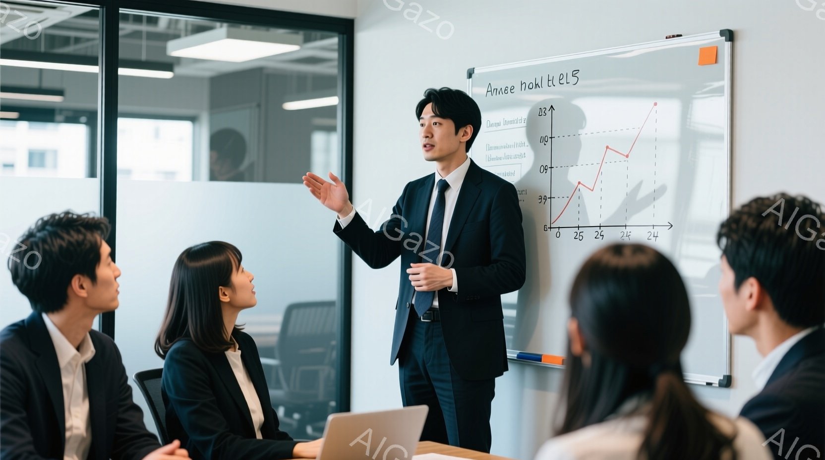 会議室で、一人の男性がホワイトボードの前でプレゼンテーションをしている。彼は黒いスーツにネクタイを締め、片手を広げて説明している様子で、真剣な表情をしている。他の参加者はテーブルを囲んで座っており、集 - AI生成フリー素材
