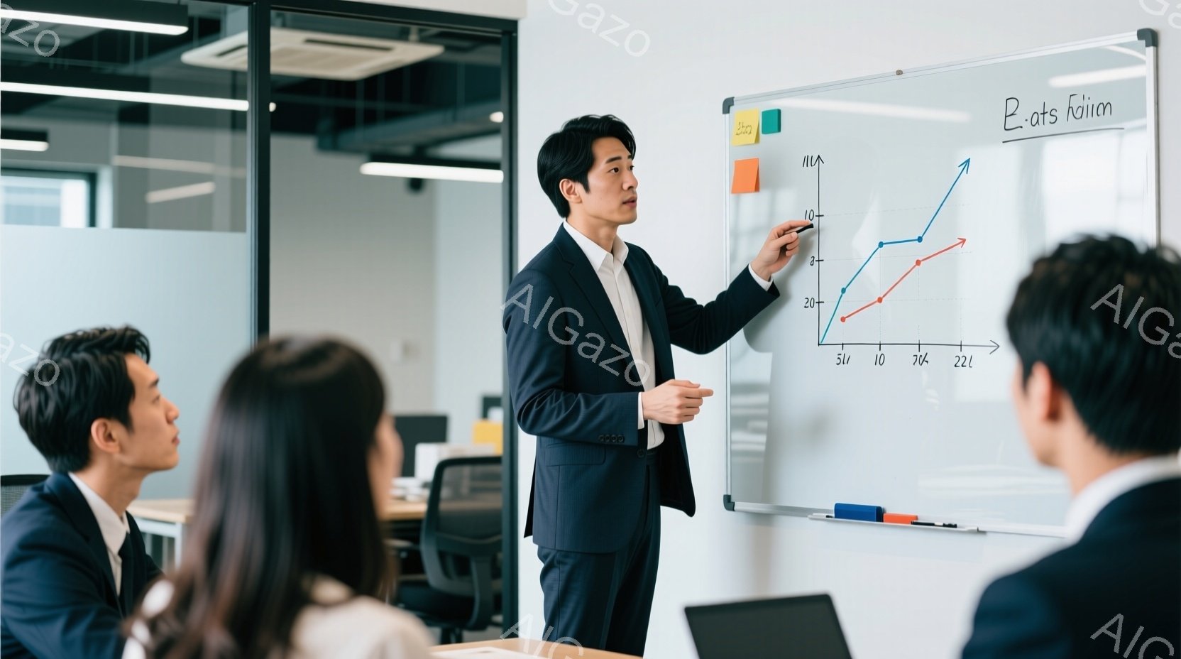 ビジネスマンがホワイトボードの前でプレゼンテーションをしている様子が写っています。彼は紺色のスーツにネクタイを締め、黒髪を短く整えています。ホワイトボードにはグラフが描かれており、彼はペンで指し示しながら説明しています。
