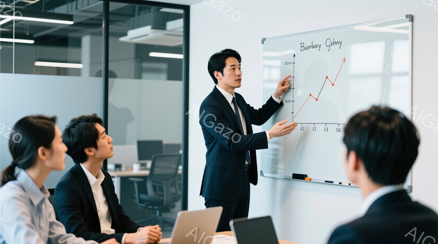 白板の前で説明する男性が写っており、聴衆として3人のビジネスマンがテーブルを囲んで座っています。男性は黒いスーツとネクタイを着用し、髪型は短髪で、表情は真剣です。室内はオフィスで、モダンな家具と明るい照明が特徴的で、全体的にプロフェッショナルで活気のある雰囲気です。