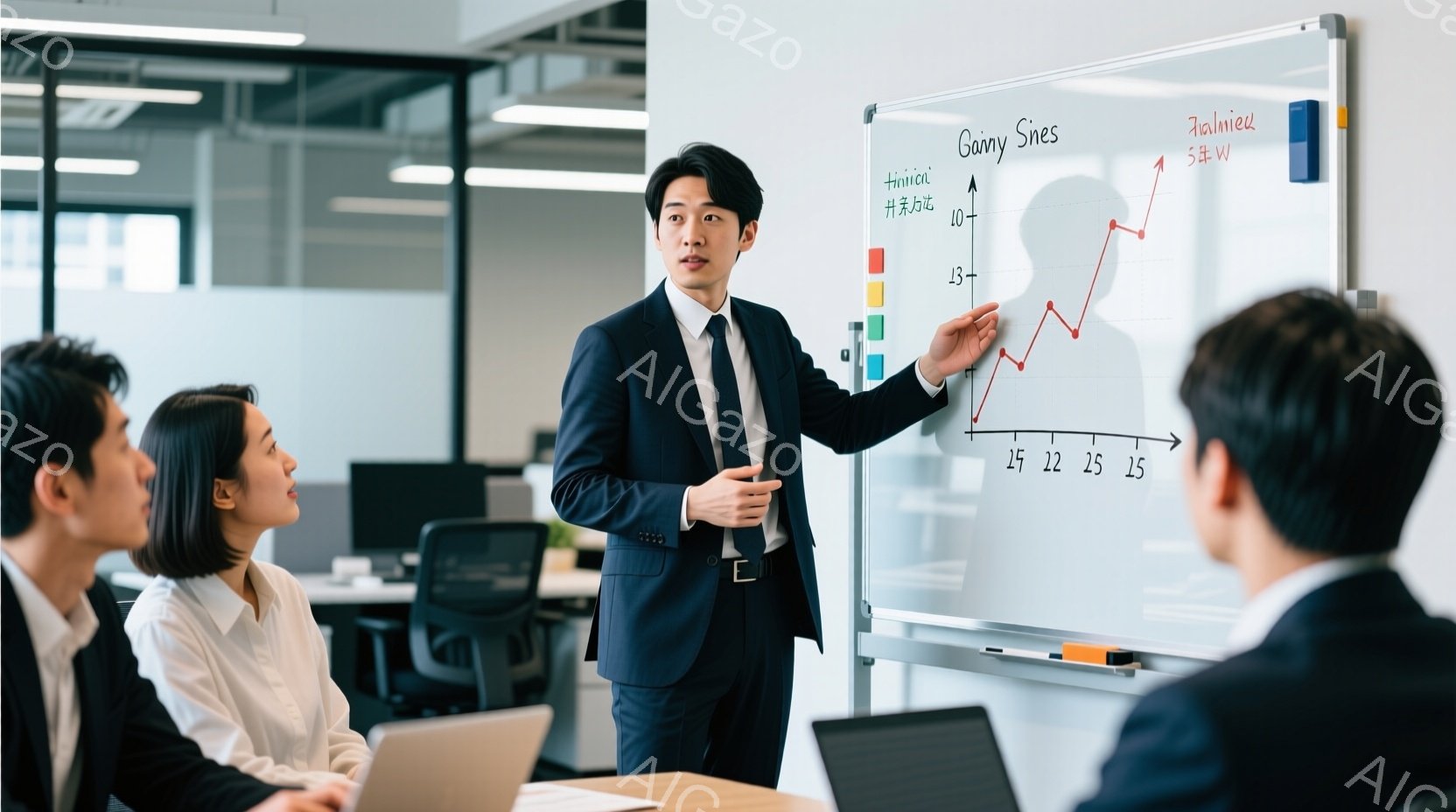 スーツを着た若い男性がホワイトボードの前でプレゼンテーションをしている様子が写っている。彼は黒髪で、真剣な表情でグラフを指差している。背景にはオフィス空間が広がり、他の参加者がテーブルを囲んで座ってい - AI生成フリー素材