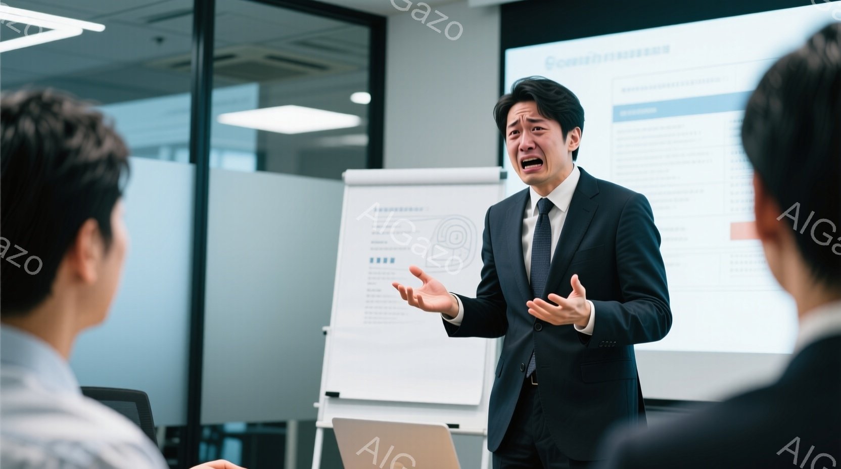 紺色のスーツを着た男性が、会議室で困惑した表情で両手を広げて立っている。彼の背後には白板とラップトップがあり、さらに背後には他の参加者が座っているのが見える。全体的に、緊急性や緊迫感のある、困難な状況を連想させる雰囲気である。