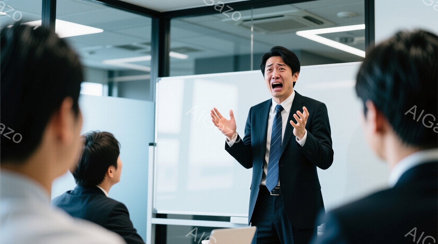 スーツとネクタイを着用した男性が、困惑した表情で両手を広げて立っています。彼は白い壁の前で、他のスーツを着た男性たちに向かって何かを訴えているようです。室内は明るく、モダンなオフィス空間で、深刻な雰囲気と緊張感が漂っています。