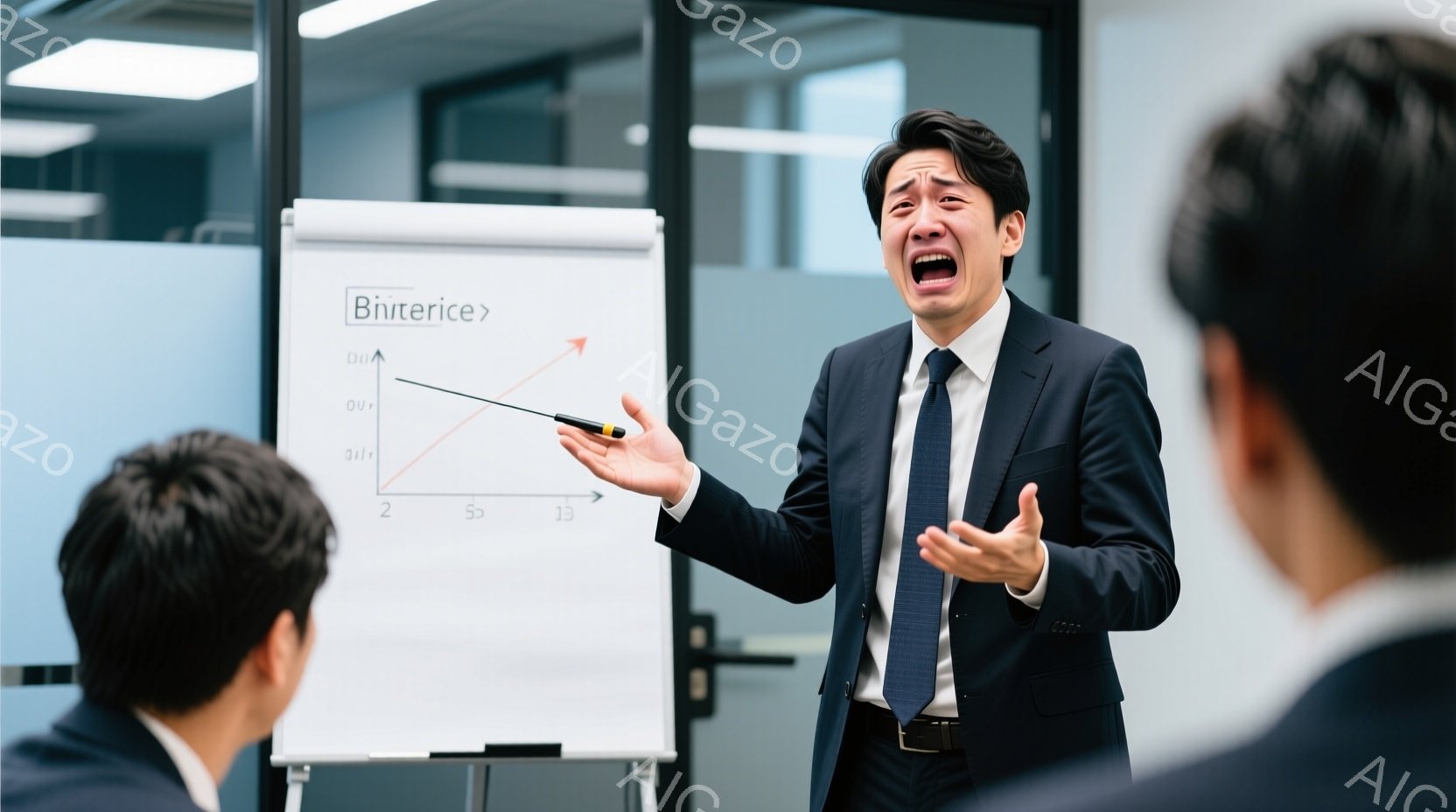 紺色のスーツにネクタイを締めた男性が、ホワイトボードの前で何かを説明している様子が写っている。彼は両手を広げ、顔をしかめて涙ぐんでおり、非常に困惑した表情をしている。背景には他のスーツ姿の男性がおり、室内はオフィスのような雰囲気で、ホワイトボードにはグラフが描かれている。