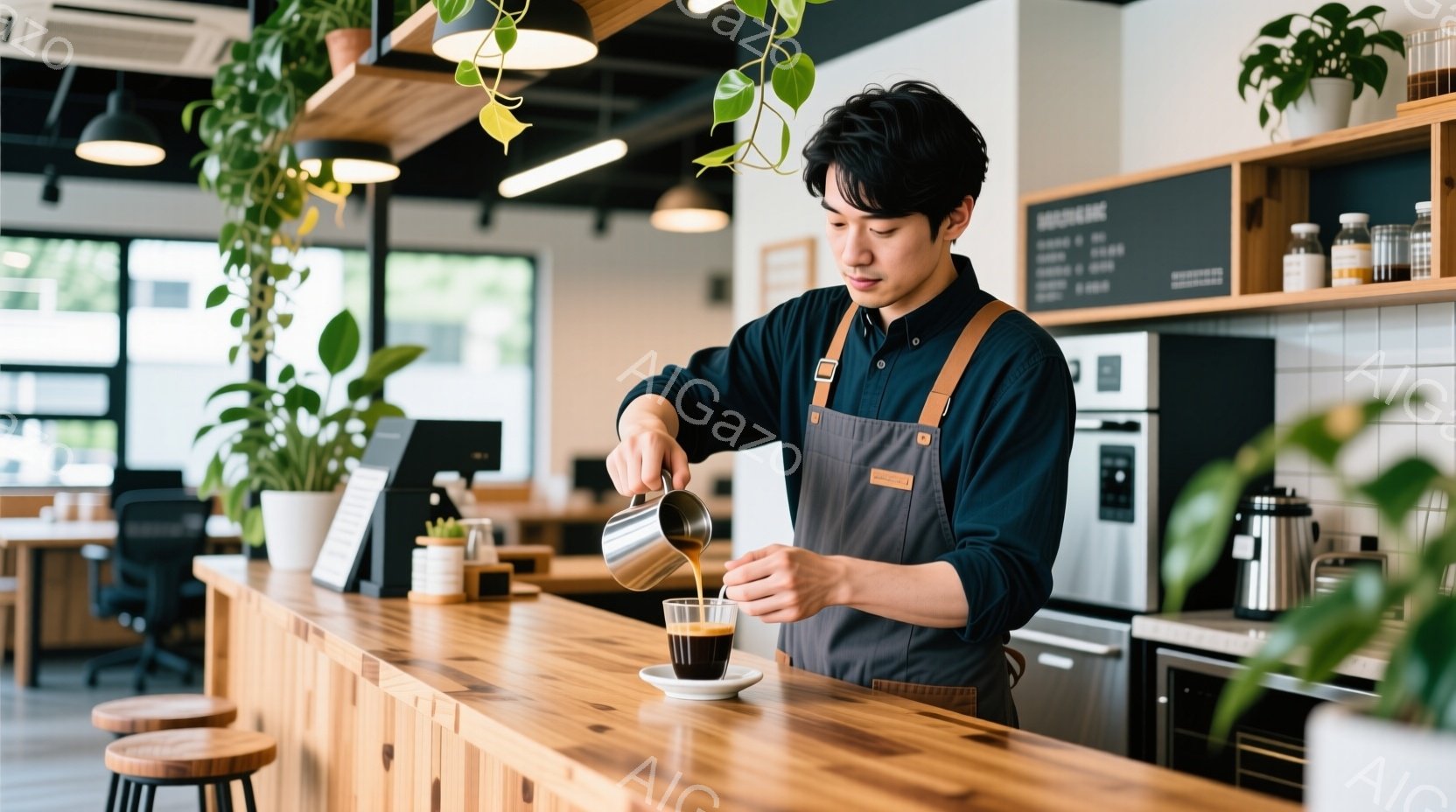 本人は茶を注ぐポジションで、手が上げられたカップとストーバーを持っている。髪は短く、普通の髪型だ。服装はアプローチャブラベル着用のエンジニアー風で、広めの営業店のような落ち着いた空間と豊かな自然光がある。