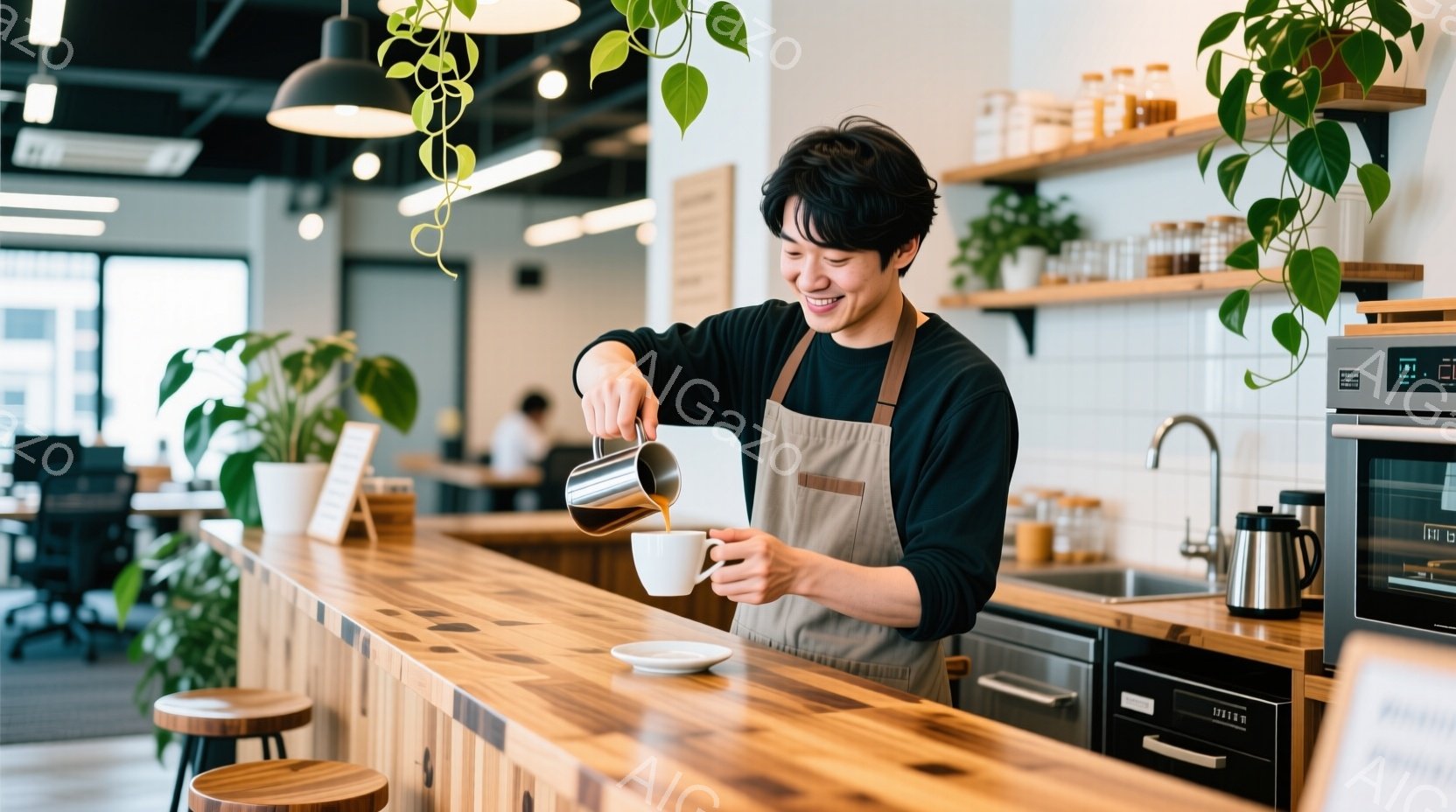 若い男性がエプロン姿でコーヒーをカップに注いでいる。彼は微笑んでおり、髪型は短髪で、表情は明るく、リラックスしているように見える。背景には木製のカウンター、ステンレス製のシンク、棚があり、天井からは植物が吊り下げられ、明るく清潔感のあるカフェの内部の様子が伺える。