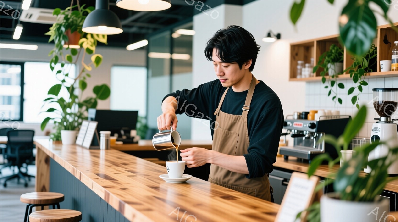 若い男性がカフェのカウンターでミルクをカップに注いでいる。彼は黒いシャツにエプロンを着用し、短く整えられた黒髪をしている。背景にはエスプレッソマシンや植物が見え、木製のカウンターと明るい室内が温かい雰囲気を醸し出している。