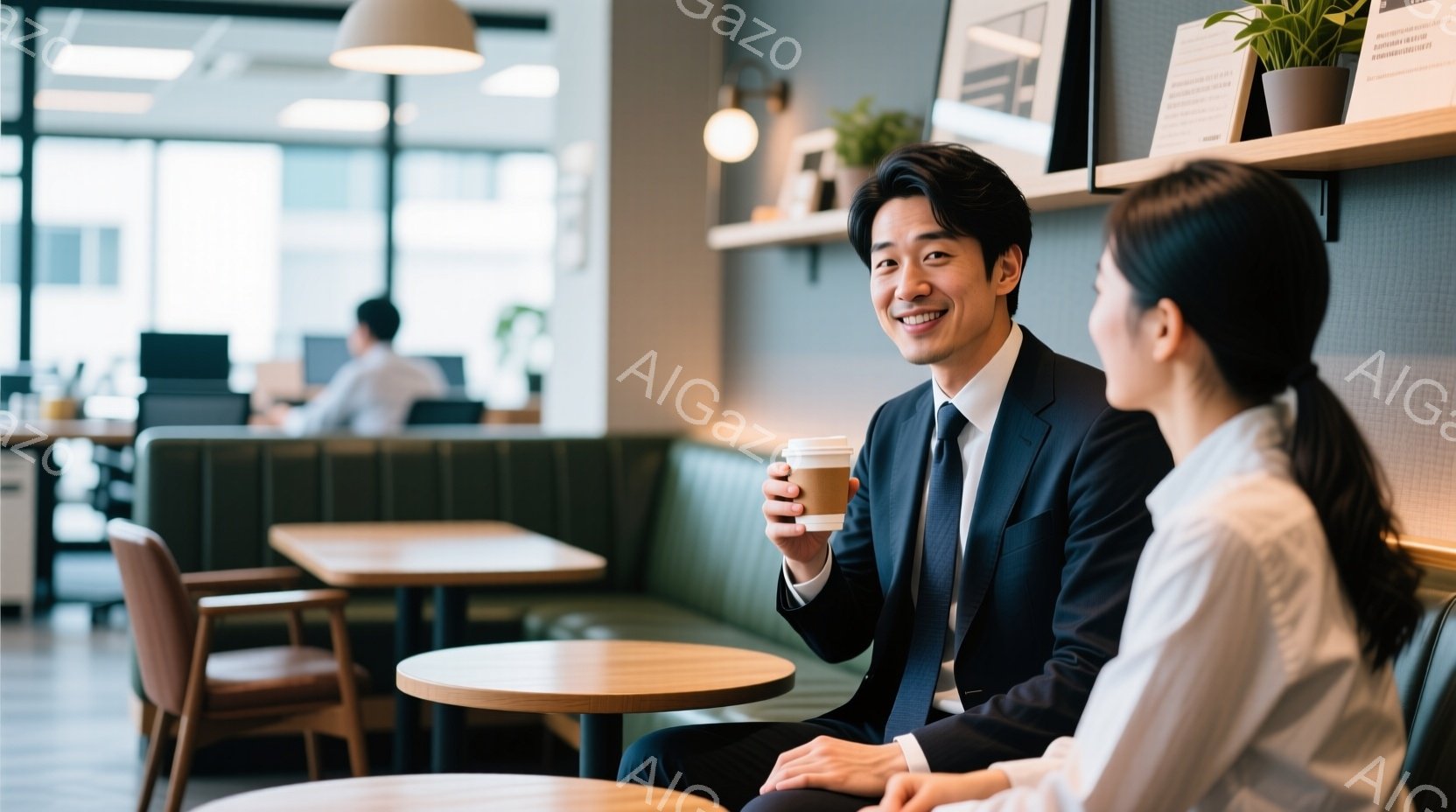 スーツ姿のビジネスマンがカフェでコーヒーを手に微笑んでいます。彼は緑色のベンチシートに座り、相手を見ながら話している様子で、リラックスした雰囲気です。背景には他の客やテーブルが見え、明るく清潔感のあるカフェの空間が広がっています。