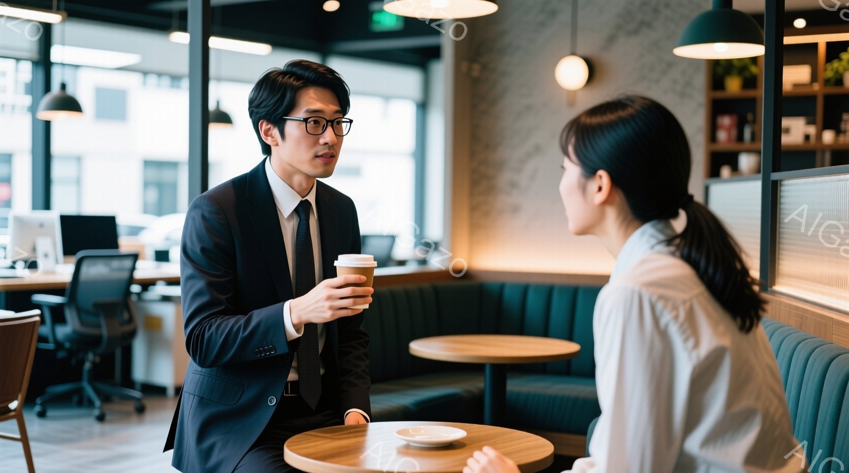 紺色のスーツにネクタイを締めた男性が、片手にコーヒーカップを持って、女性とテーブルを挟んで対面して話しています。男性は少し微笑んでおり、真剣な表情で相手を見つめています。背景には、緑色のソファ席とオフ - AI生成フリー素材