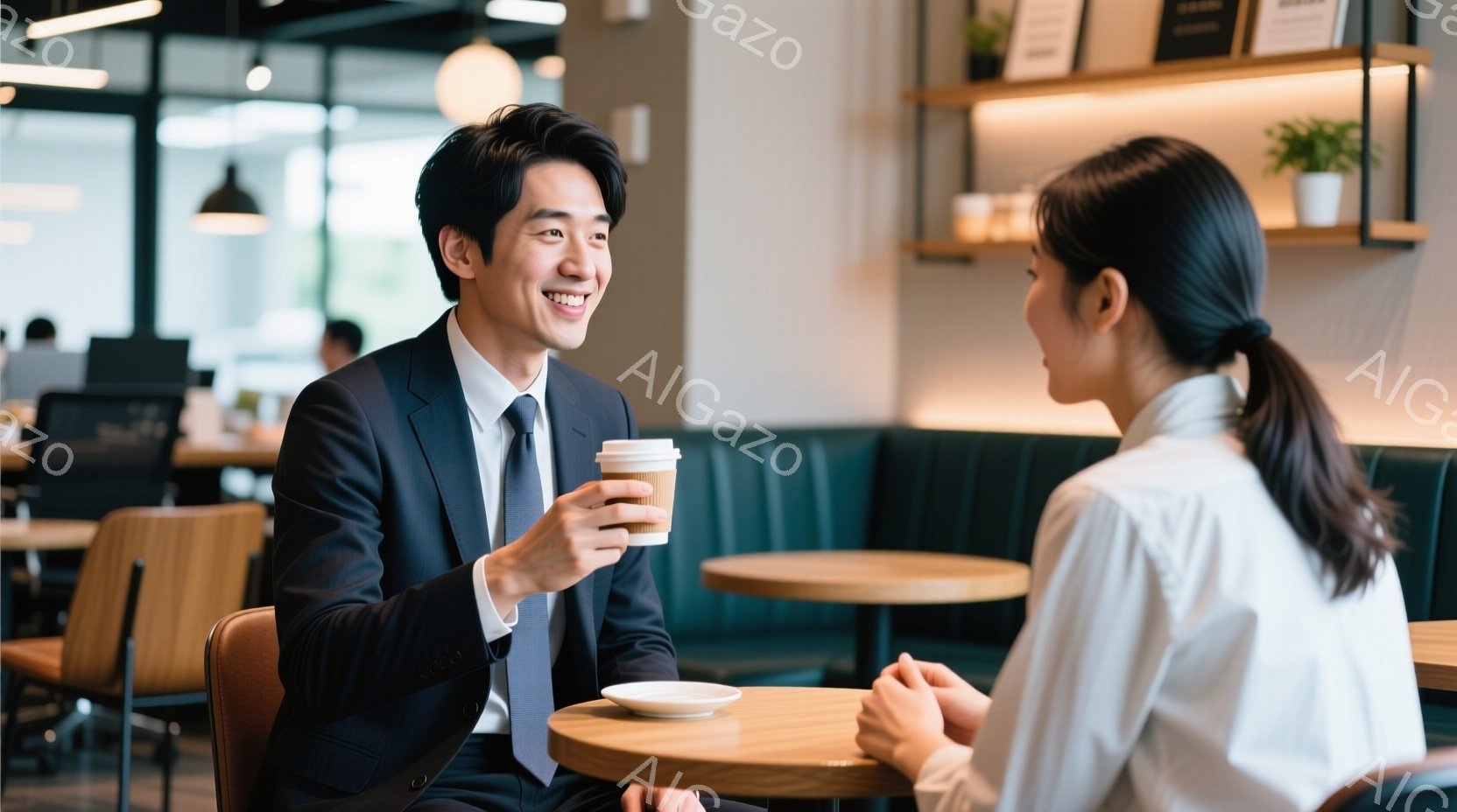 紺色のスーツにネクタイを締めた男性が、コーヒーカップを持って微笑みながら女性と向かい合って座っています。女性は白いシャツを着て髪を後ろで束ね、落ち着いた表情で彼を見つめています。背景には緑色のソファ席 - AI生成フリー素材