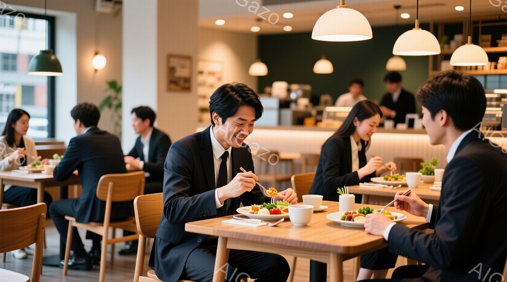 明るい室内で食事をするビジネスマンとビジネスウーマンたちが写っています。彼らは皆、黒いスーツを着ており、カジュアルながらもフォーマルな雰囲気を醸し出しています。木製のテーブルにはサラダやご飯などの健康 - AI生成フリー素材