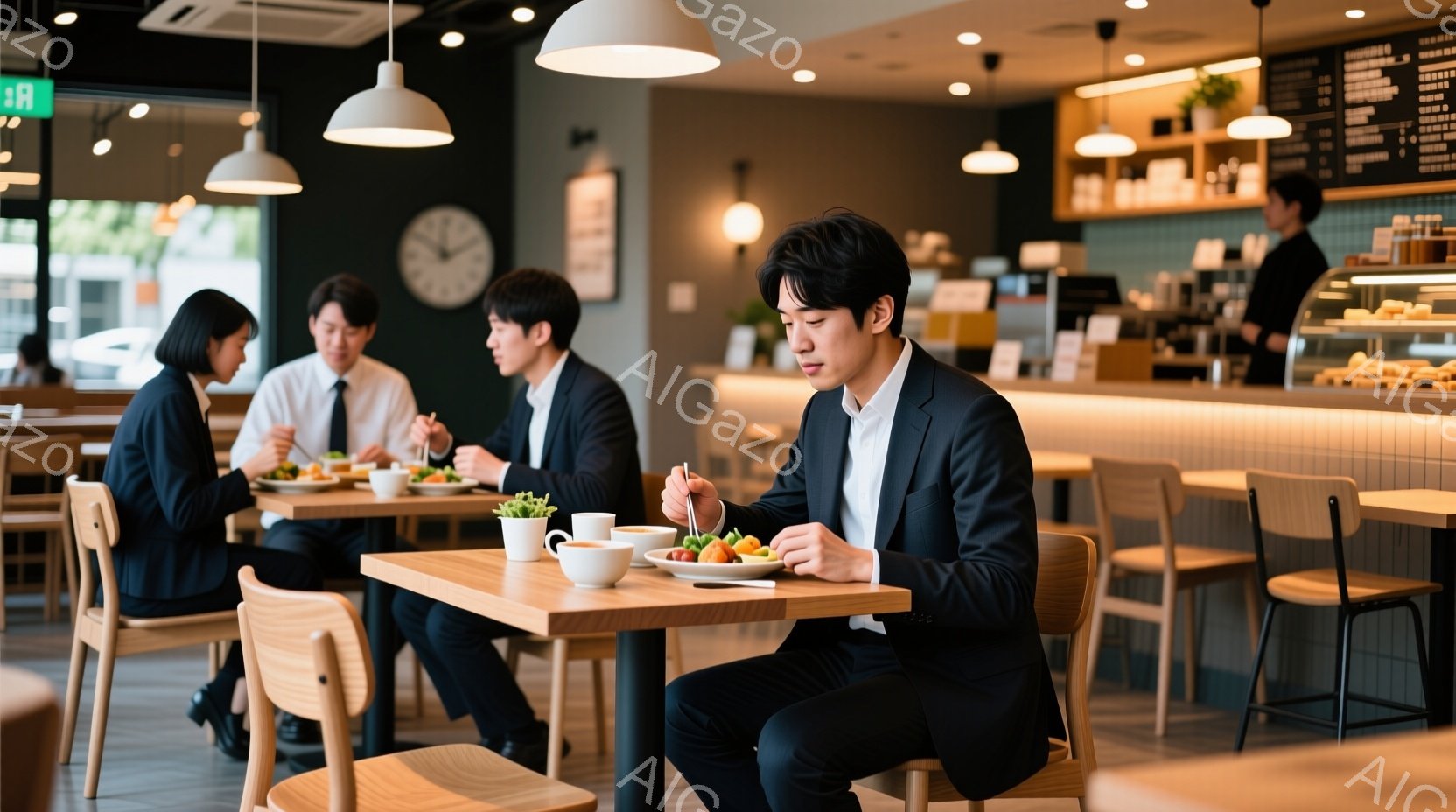 明るいカフェの内部が写っており、数人のビジネスマンが食事をとっています。彼らは皆、黒または濃い青のスーツを着ており、整髪され、落ち着いた表情で食事に集中しています。背景にはカウンター、メニューボード、そして観葉植物が見え、穏やかでプロフェッショナルな雰囲気を作り出しています。