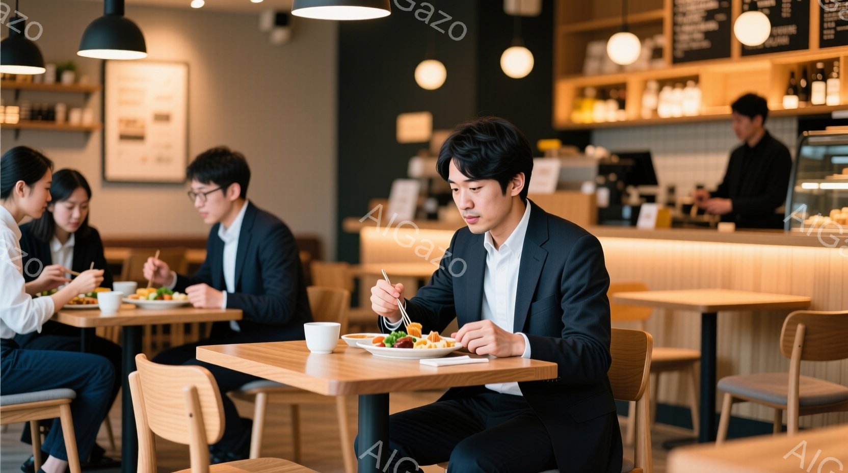 明るいレストランで食事をするビジネスマンとビジネスウーマンが写っています。ビジネスマンは黒いスーツを着て、髪を短く整え、真剣な表情で食事をしています。背景には、木製のカウンターと棚があり、全体的に清潔でモダンな雰囲気です。