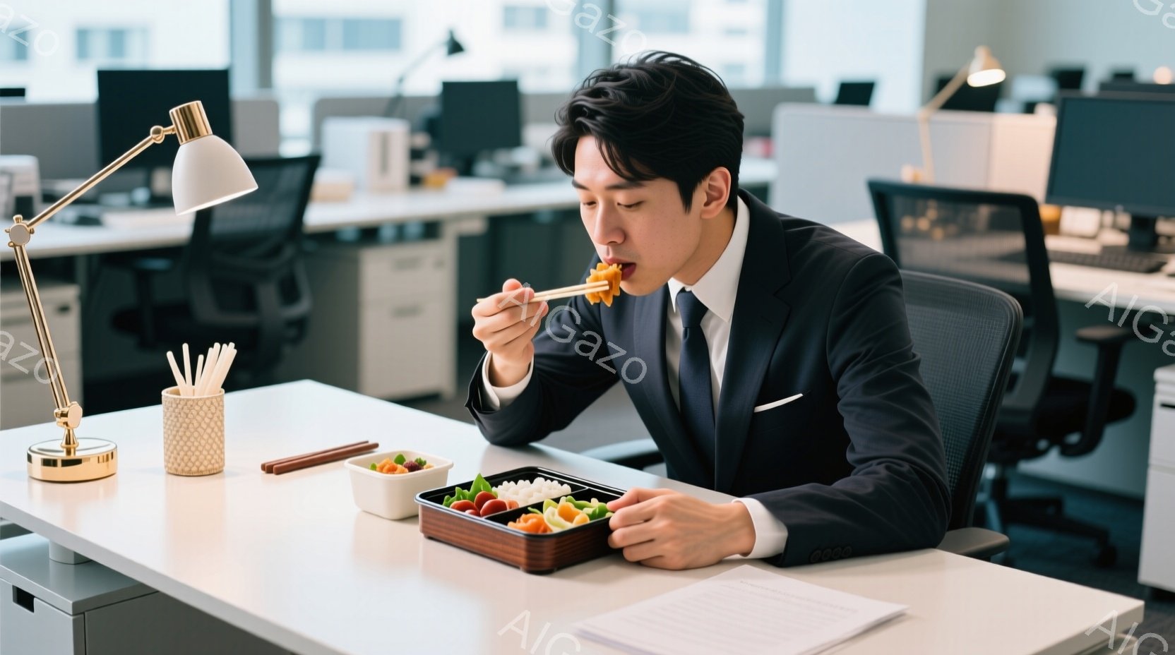 スーツを着た若い男性が、オフィスで弁当を食べている。彼は黒いジャケットと白いシャツを着ており、髪型は短髪で整えられている。背景にはオフィス内の他のデスクと椅子が見え、明るい光が差し込んでおり、全体的に - AI生成フリー素材