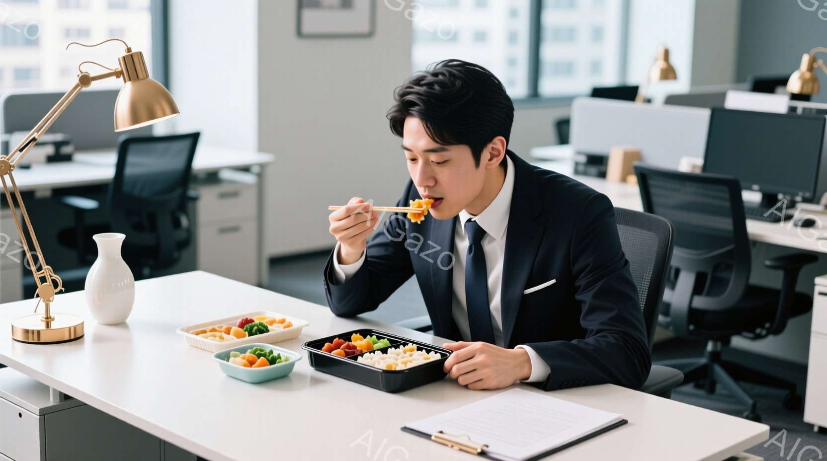 スーツを着た若い男性が、オフィスで弁当を食べている。彼は黒髪で、真剣な表情で箸を使って食事をしている。背景にはオフィス内のデスクや椅子が並び、明るく清潔な雰囲気が漂っている。