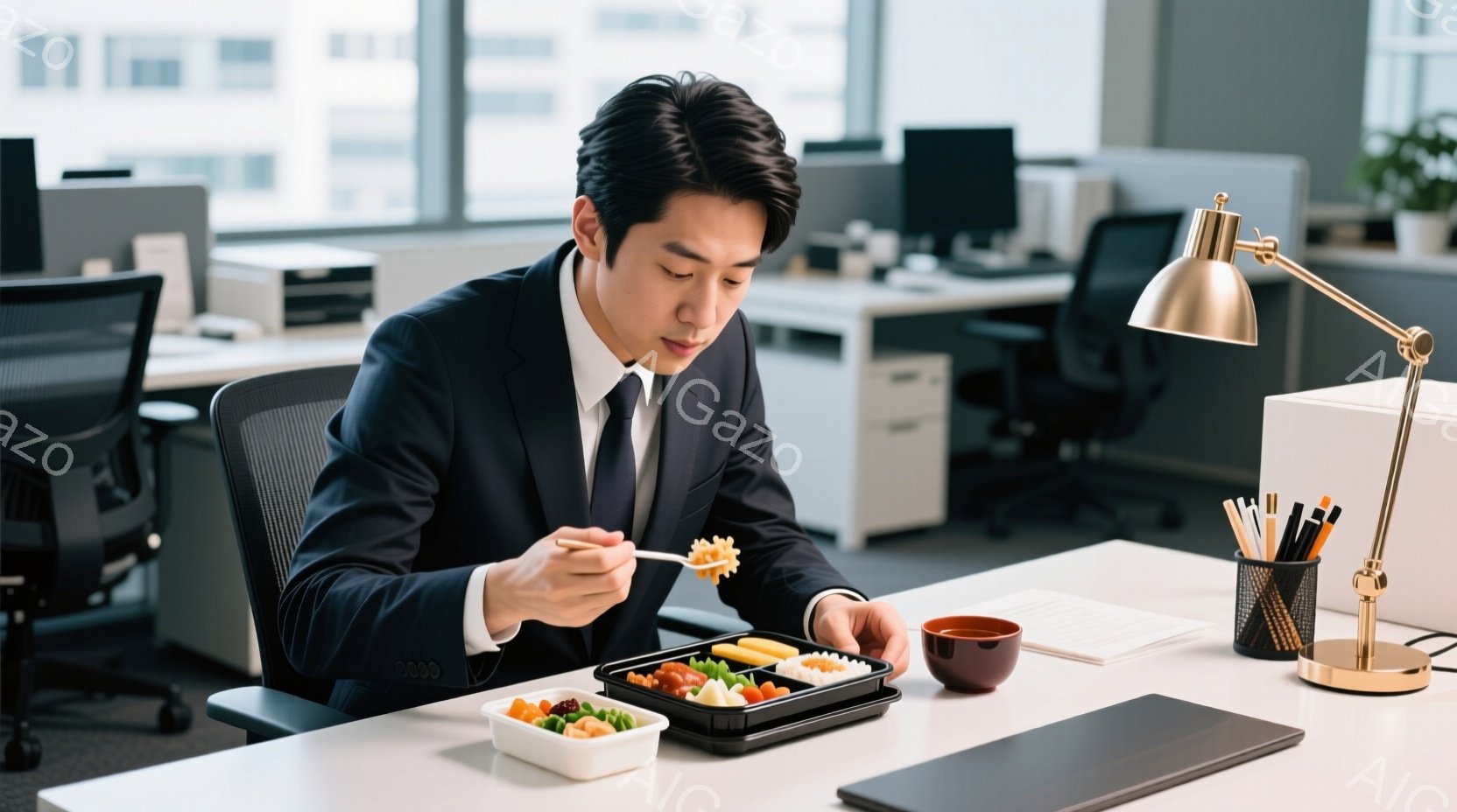 スーツ姿の男性がオフィスで弁当を食べている。彼は黒髪で、前かがみの姿勢で、集中した表情で食事をしている。背景には他のオフィスワーカーやデスク、そして窓から見える都市の風景がぼやけて写っており、現代的な - AI生成フリー素材