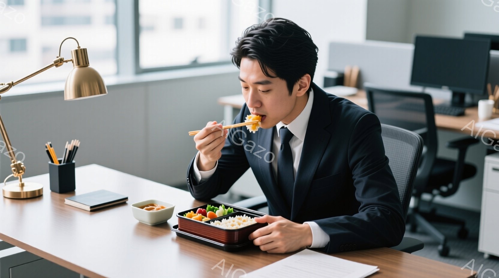 スーツとネクタイを着用した若い男性が、オフィスで弁当を食べている。彼は少し前かがみになり、箸で一口サイズの食べ物を口に運んでいる。背景には、モダンなオフィス家具と窓から見える都市の景色が見え、ビジネスシーンの中でのリラックスした一瞬を捉えている。