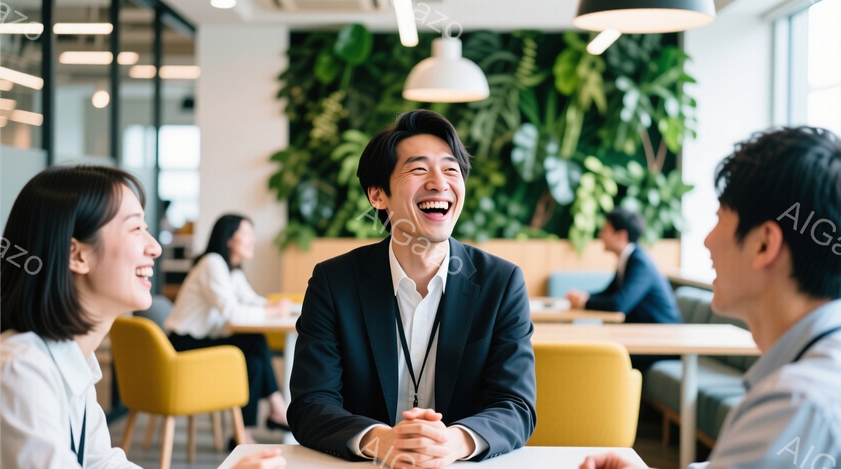 室内で、若いビジネスマンと女性がテーブルを囲んで会話を楽しんでいる様子が写っています。ビジネスマンは黒いスーツに白いシャツを着ており、満面の笑みを浮かべています。背景には緑の壁があり、明るく開放的な雰 - AI生成フリー素材