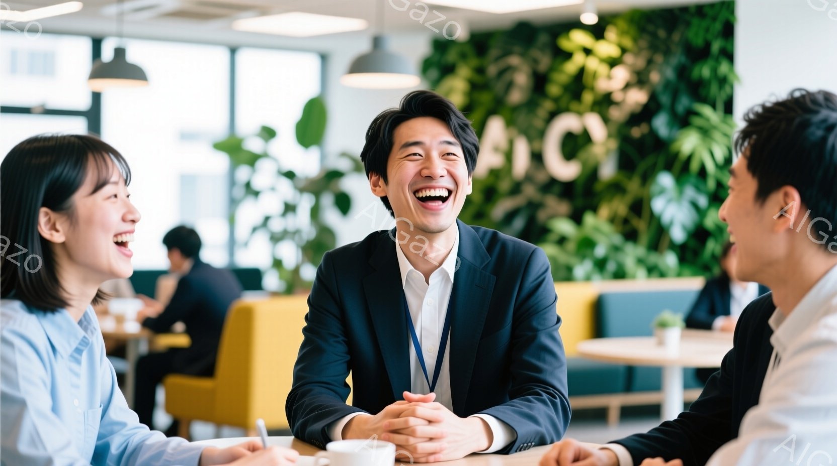 三人のビジネスパーソンがカフェのような場所で親しげに会話している様子が写っています。中央の男性は紺色のスーツを着用し、満面の笑みを浮かべており、両隣の女性も笑顔で彼を見つめています。背景には緑の壁やテ - AI生成フリー素材