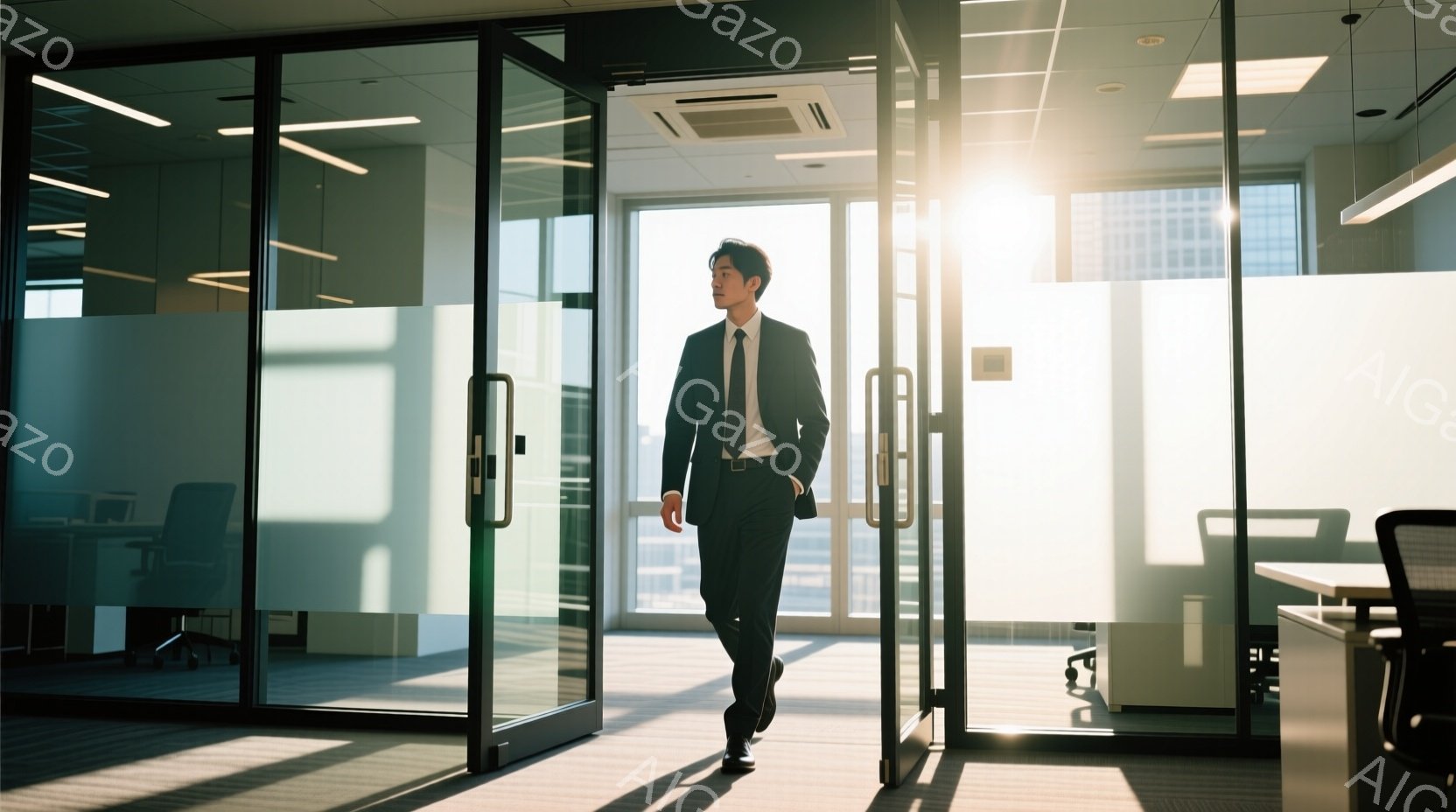 スーツを着た男性が、ガラス張りのオフィス空間を歩いている。彼は黒いスーツ、白いシャツ、ネクタイを着用し、髪は短く整えられている。背景には、高層ビルが見える明るい屋外があり、オフィス内は清潔でモダンな印象を与える。