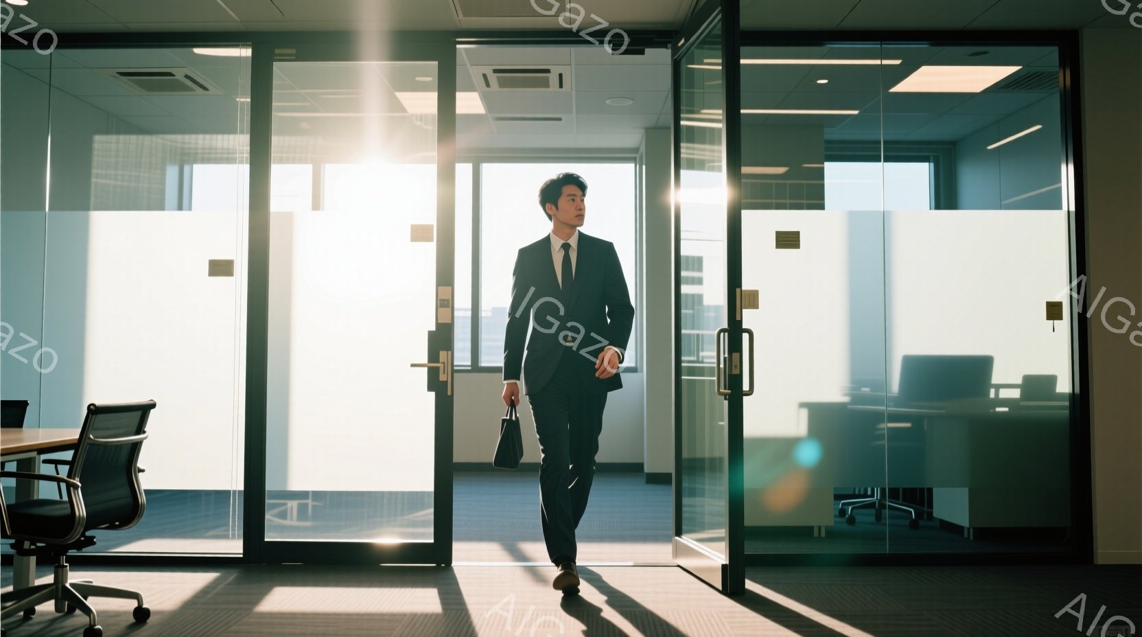 スーツを着た男性が、ガラス張りのオフィスからオフィス内に歩いて入る瞬間を捉えた写真です。彼は黒いスーツ、白いシャツ、ネクタイを着用し、片手にバッグを持っています。背景はオフィス内部で、デスクや椅子が並 - AI生成フリー素材