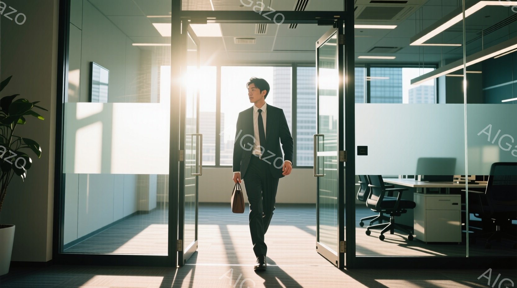 スーツ姿の男性が、ガラス張りのドアからオフィス内に入っていくところを捉えた写真です。彼は黒いスーツにネクタイ、髪型は短く整えられており、手に書類が入った茶色のバッグを持っています。背景にはオフィス内のデスクや椅子が見え、外には高層ビル群と明るい日差しが差し込み、洗練された都会的な雰囲気を醸し出しています。