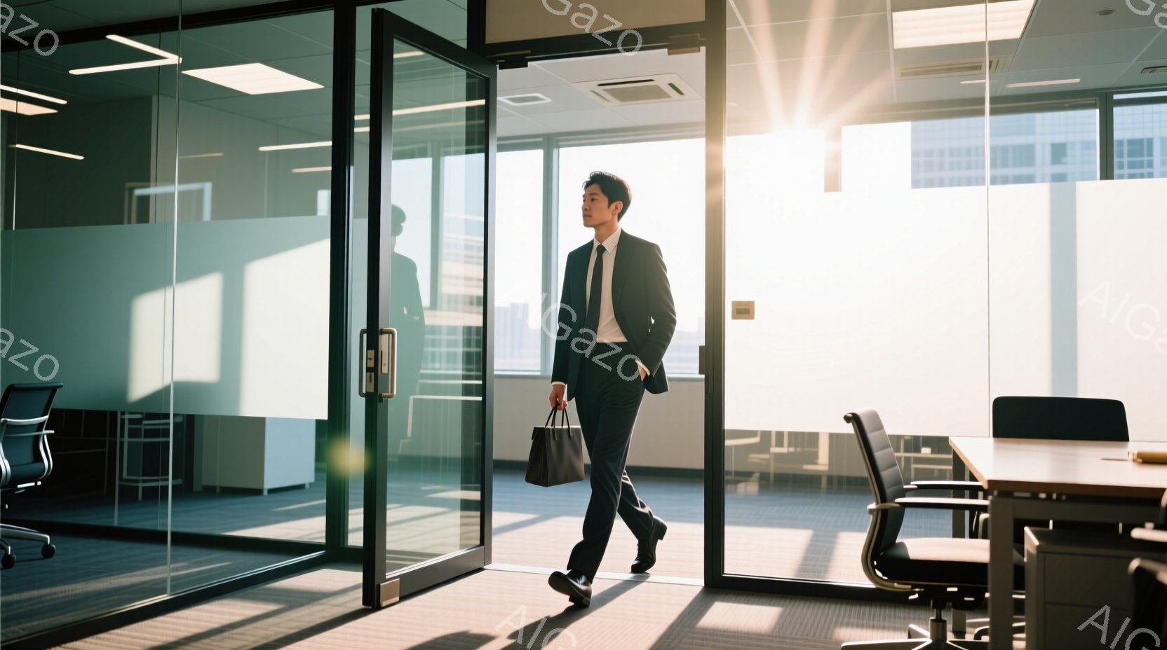スーツを着た男性がガラス張りのドアからオフィスに入ってくる姿が描かれている。彼は黒いスーツ、白いシャツ、ネクタイを着用し、片手に書類を入れたバッグを持っている。背景にはオフィス内の家具や、窓から差し込む強い光が見え、全体的に明るく清潔感のある雰囲気が漂っている。