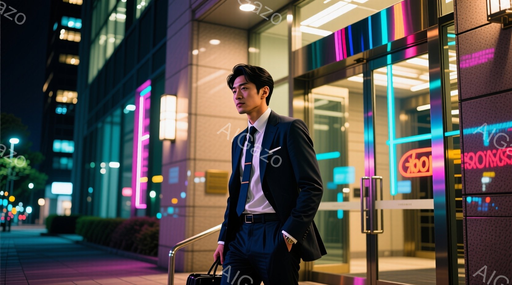 男性が夜間街中を歩く。正式な服装、黒のスーツとノートンボタン、均整の髪型。目の前に手が入ったカメラを持ち、身体は緊張気味に仰けて立つ。背景は街中のビルと夜間の光。全体的に映画やドラマのような感覚がある。