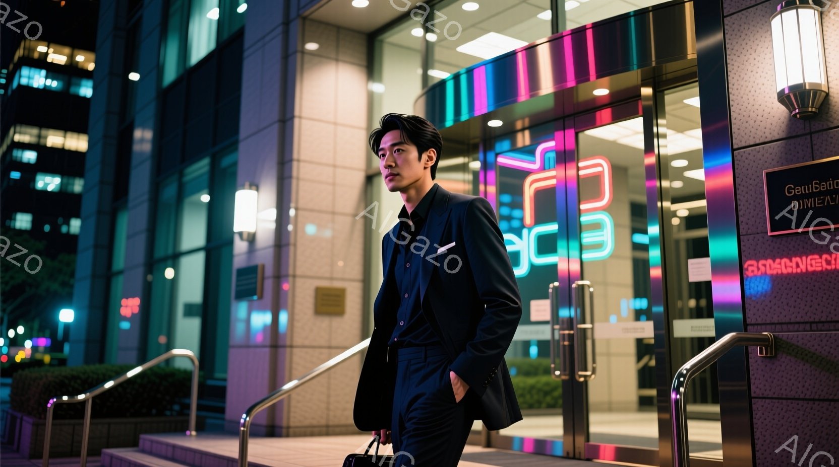 若い男性が夜の街で、紺色のスーツと黒いシャツを着て立っている。彼は少し斜めを向き、片手に黒いバッグを持ち、自信に満ちた表情をしている。背景には近代的な建物がそびえ立ち、ネオンライトが反射して都会的で洗 - AI生成フリー素材
