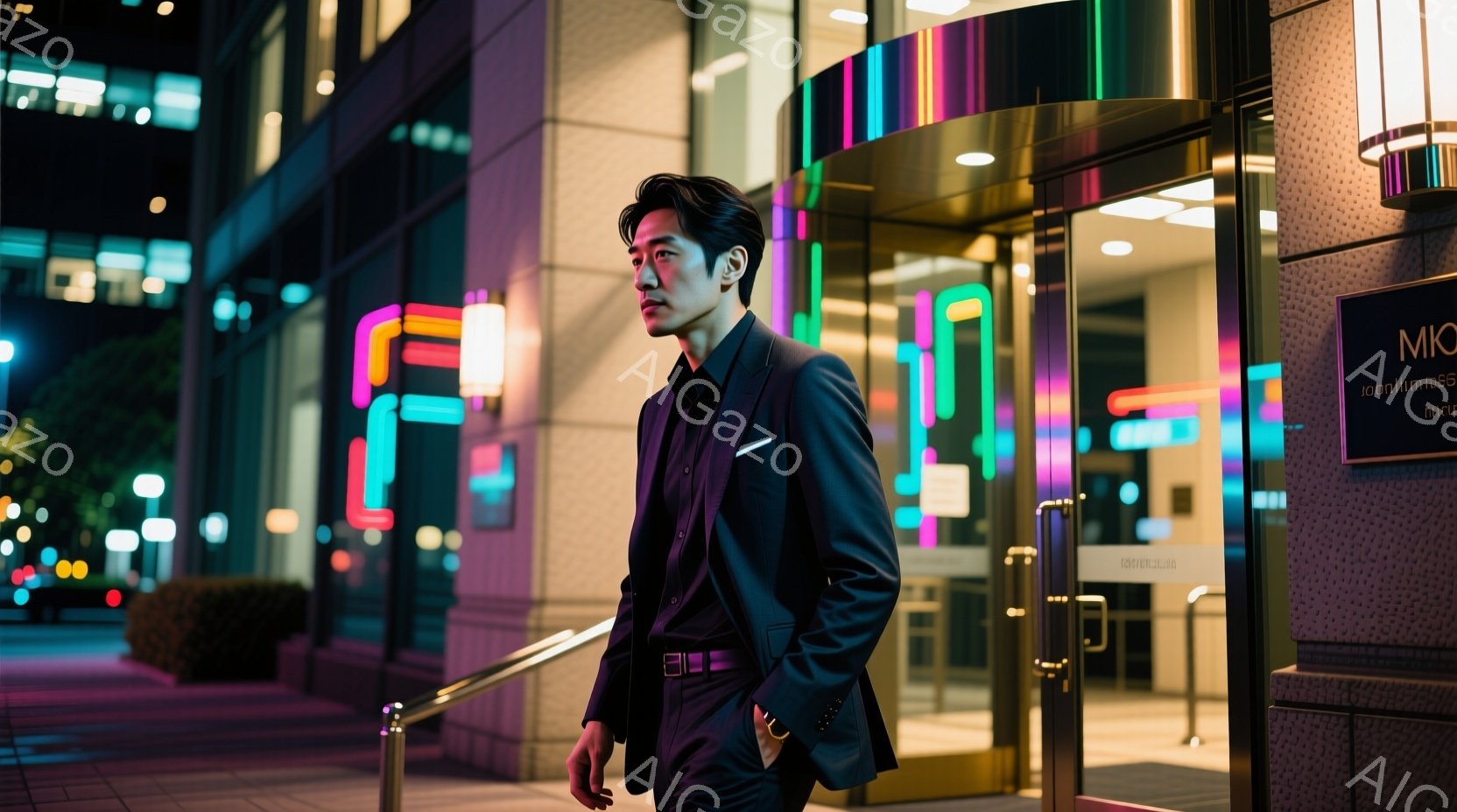 紺色のスーツを着た男性が、夜の街並みを背景に立っている。彼は少し横を向き、自信に満ちた表情で、片手をポケットに入れている。背景にはネオンライトが輝き、モダンな雰囲気の建物と緑が見られ、夜の都会的な空気感を醸し出している。