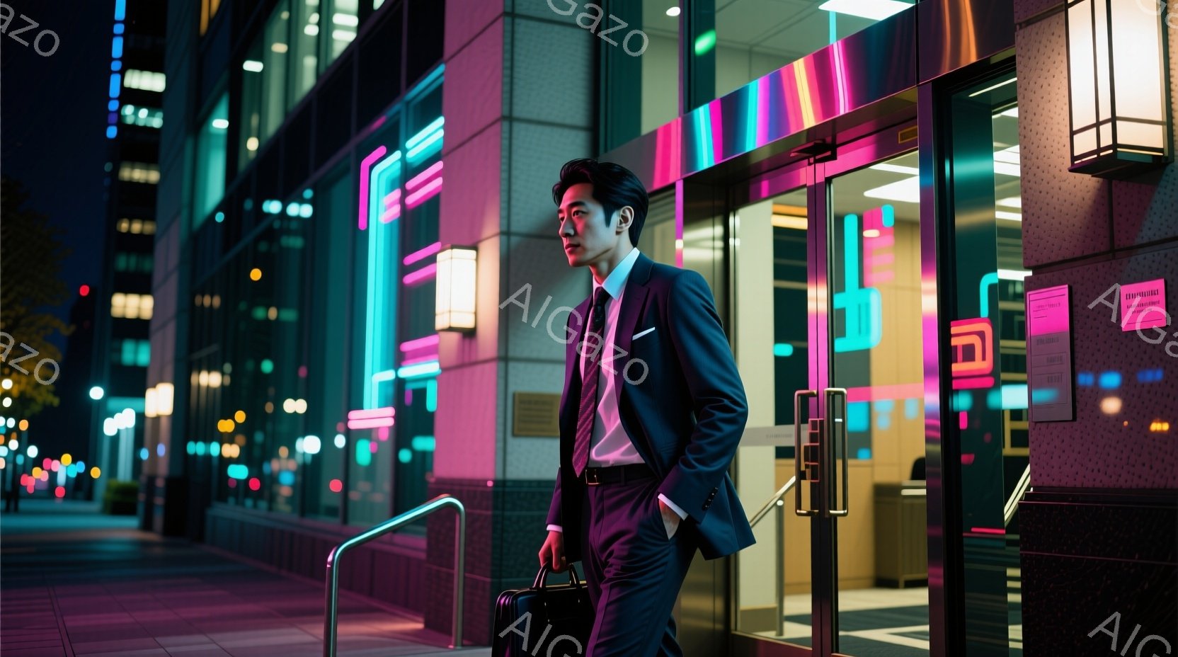スーツ姿の男性が、ネオンライトが輝くビルの入り口から出てくる様子が写っている。彼は紺色のスーツに紫色のネクタイを合わせ、黒いブリーフケースを持っている。背景には、夜景のビル群と、ピンクと青のネオンライトが印象的な入り口がぼやけており、都会的で洗練された雰囲気を醸し出している。