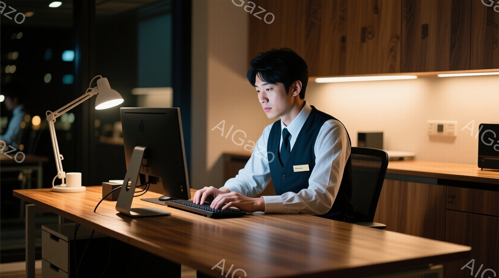 若い男性がオフィスでパソコンに向かって仕事をしている様子が写っている。彼は白いシャツにネイビーのベストを着用し、黒髪を短く整えている。背景には木製のキャビネットやオフィス家具が見え、落ち着いた雰囲気の - AI生成フリー素材