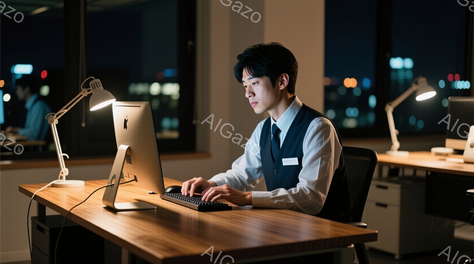 若い男性が机に向かってパソコンを操作している。彼は白いシャツに濃い青のベスト、黒いズボンを着用し、真剣な表情でキーボードを見つめている。背景には夜景が広がり、オフィス内は薄暗く、デスクライトが彼の作業 - AI生成フリー素材