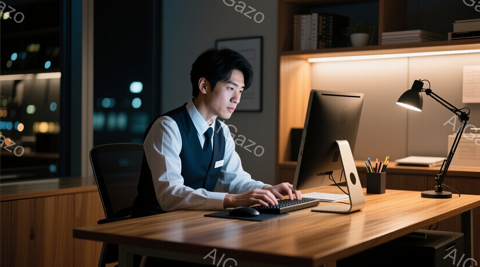 一人の男性がデスクに向かってパソコンを操作している。彼は白いシャツに黒いベスト姿で、短く整えられた髪をしている。背景には木製の棚と、ぼんやりとした夜景が見え、落ち着いた雰囲気の中で仕事に集中している様 - AI生成フリー素材