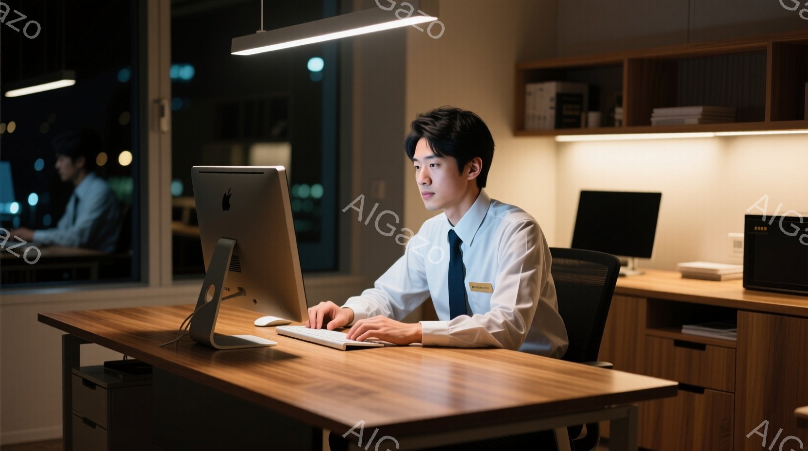 若い男性がオフィスでコンピューターに向かって作業をしている。白シャツにネクタイ、そして身につけているIDカードが見える。背景には他の従業員や木製のキャビネットがあり、全体的に落ち着いた雰囲気で、夜間の - AI生成フリー素材