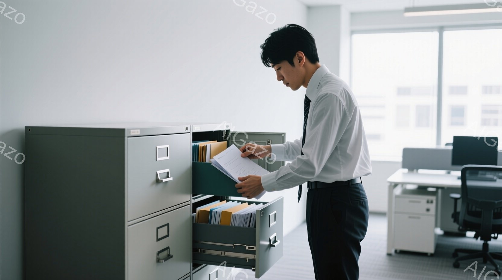 白いシャツに黒いズボンを着用した男性が、金属製のファイリングキャビネットの引き出しを開け、書類を探している。彼は横向きになり、少し前かがみの姿勢で集中して書類を見ている様子で、真剣な表情をしている。背景にはオフィス空間が広がり、他の机やオフィスチェアが見えるが、全体的に静かで落ち着いた雰囲気である。