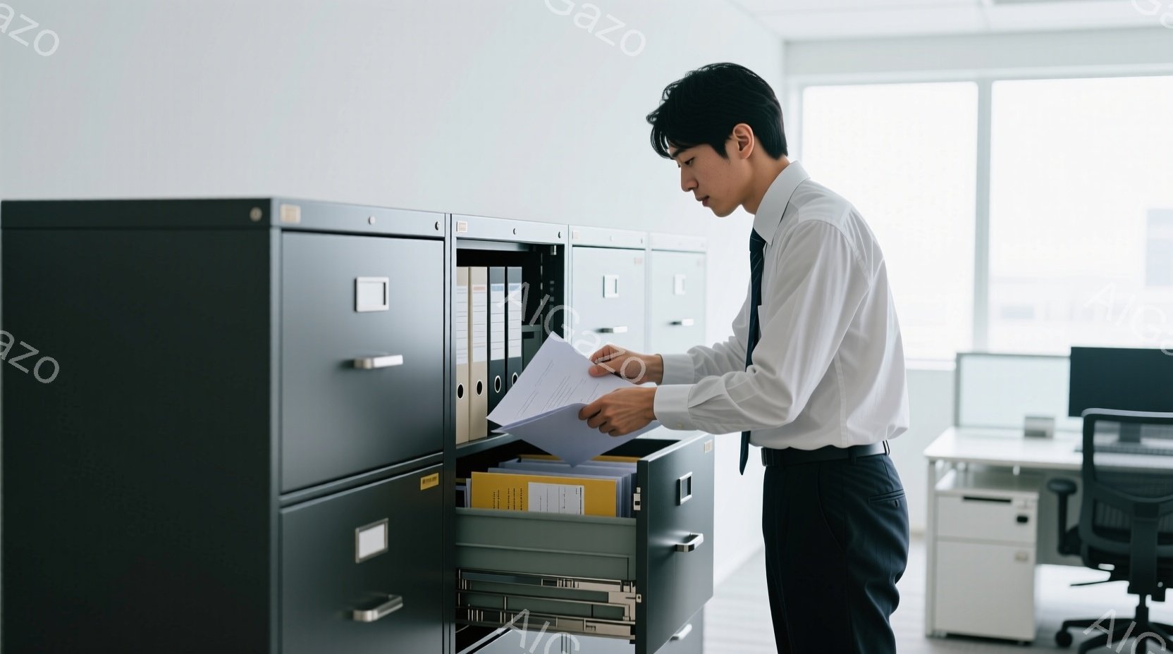 黒いファイルキャビネットの前に立つ若い男性が描かれている。彼は白いシャツに黒いズボン、ネクタイ姿で、何か書類を探しているようだ。背景はオフィスで、事務机や椅子が見え、全体的に落ち着いた雰囲気である。