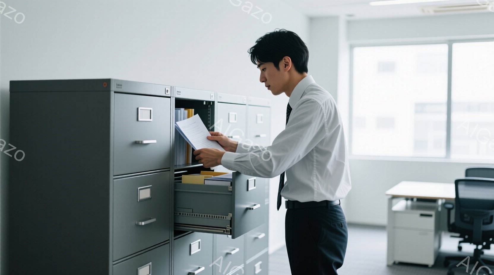 白いシャツと黒いズボンを着用した男性が、灰色のファイリングキャビネットから書類を取り出している。彼は髪を短く整え、集中した表情で書類を見ている。背景にはオフィス空間が見え、他のキャビネットや椅子がわずかに見える。