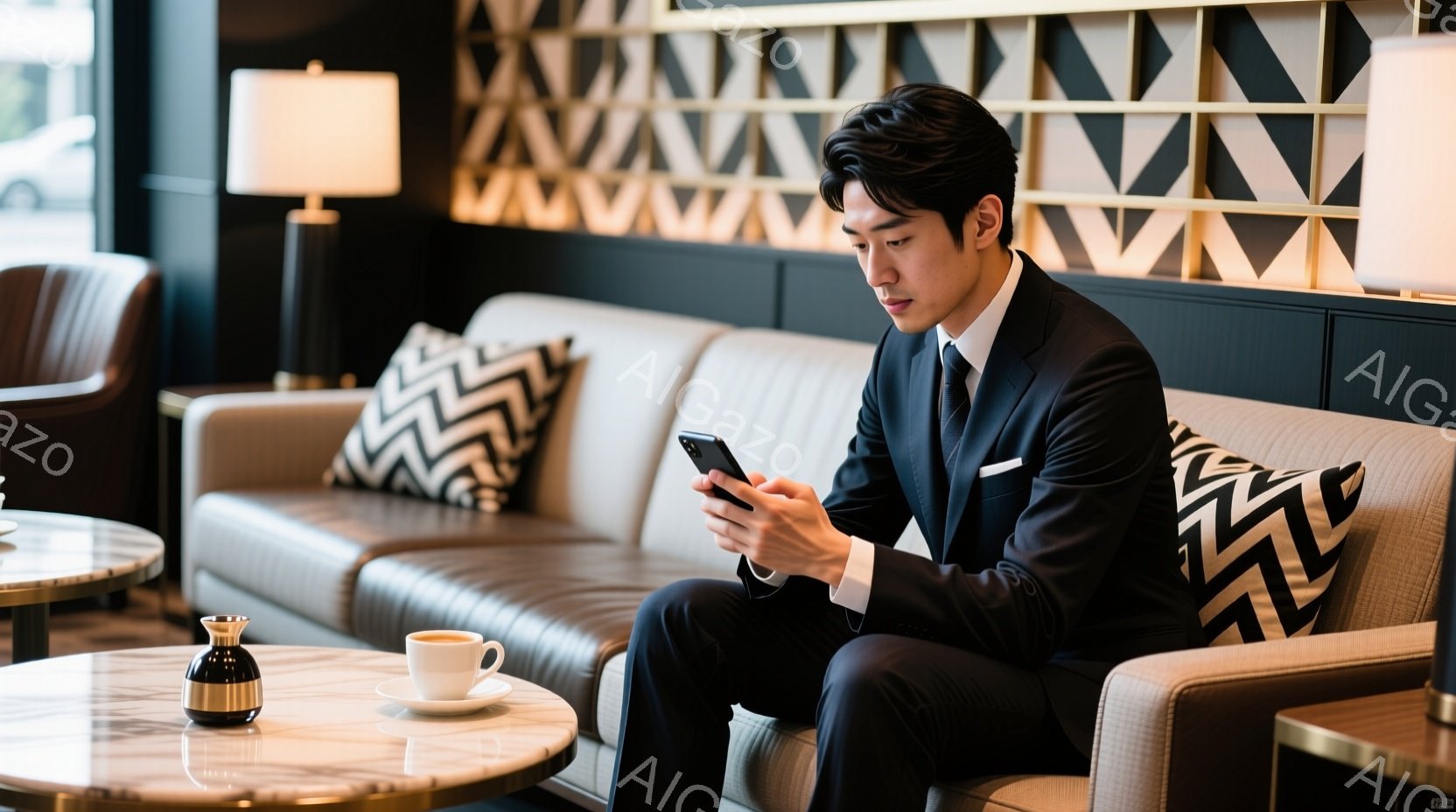 この男性は、グレーと黒のストライプのクッションが置かれたベージュのソファに座り、スマートフォンを見つめています。彼はダークスーツに白いシャツ、黒いネクタイというフォーマルな服装で、髪型は短く整えられて - AI生成フリー素材