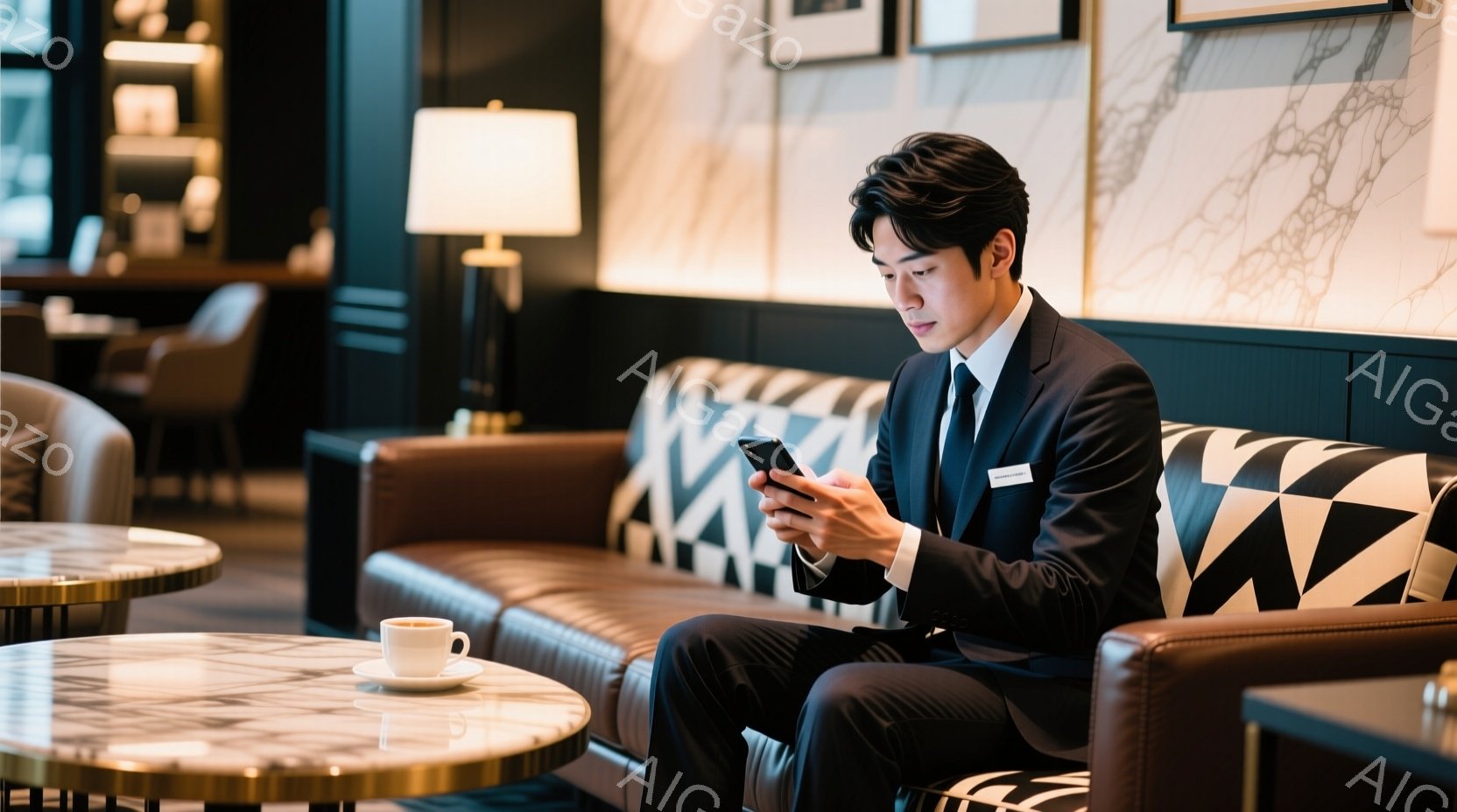 紺色のスーツにネクタイを締めた男性が、ソファーに座ってスマートフォンを操作している。彼は少し前かがみの姿勢で、画面に集中している様子が伺える。背景には、モダンなデザインのソファー、テーブル、そして間接 - AI生成フリー素材