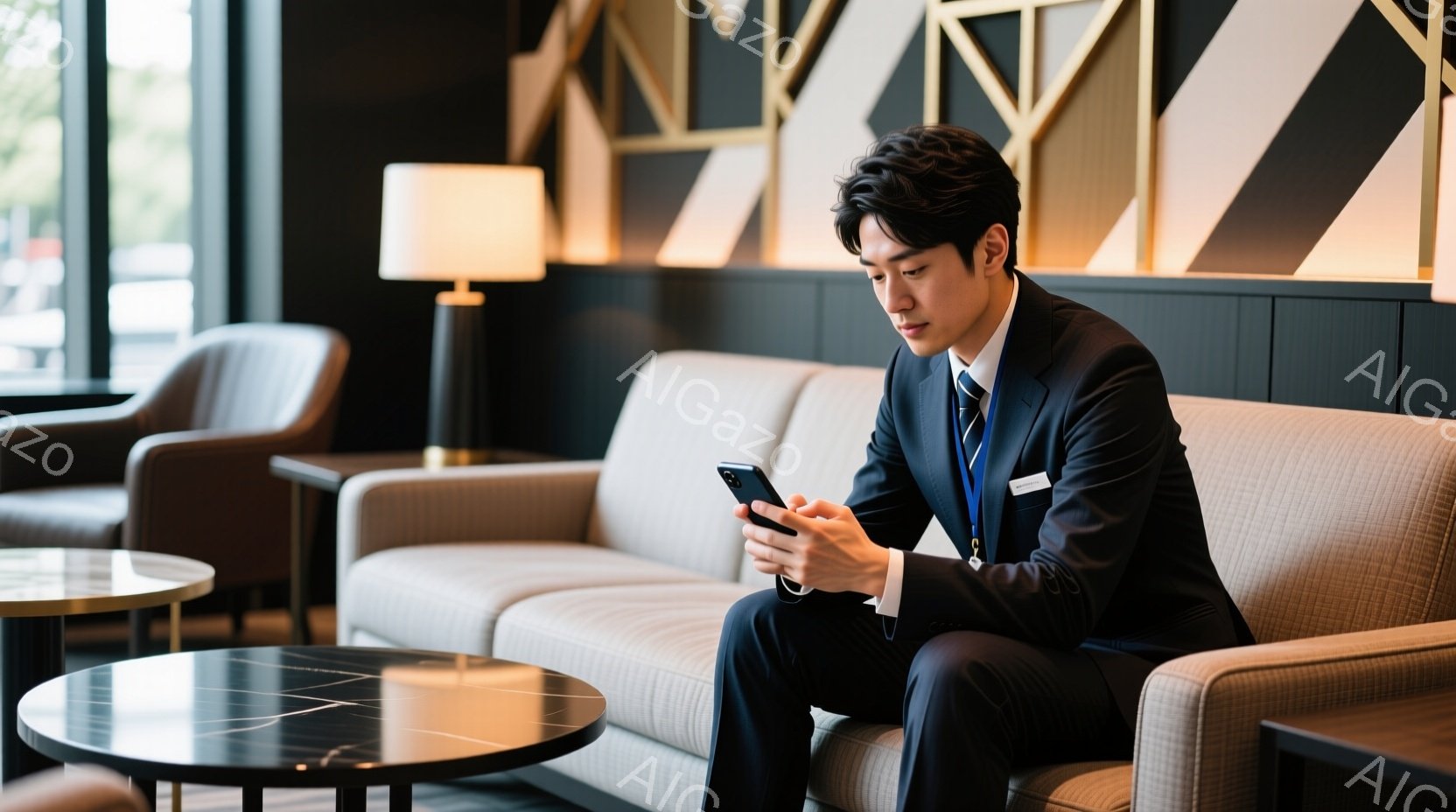 スーツにネクタイ姿の男性が、薄い灰色のソファに座り、スマートフォンを操作している。彼は黒髪で、やや真剣な表情で画面を見つめている。背景には、幾何学模様の装飾が施された壁と、丸いテーブルが配置され、モダ - AI生成フリー素材