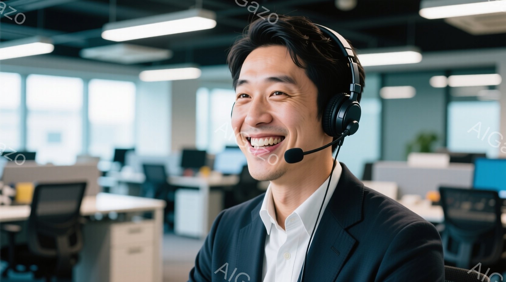 彼は黒いジャケットに白いシャツを着ており、ヘッドセットを着用しています。笑顔で少し上目線を見つめており、リラックスした雰囲気で、オフィスワーカーのようにも見えます。背景には他のデスクやオフィス機器が見 - AI生成フリー素材