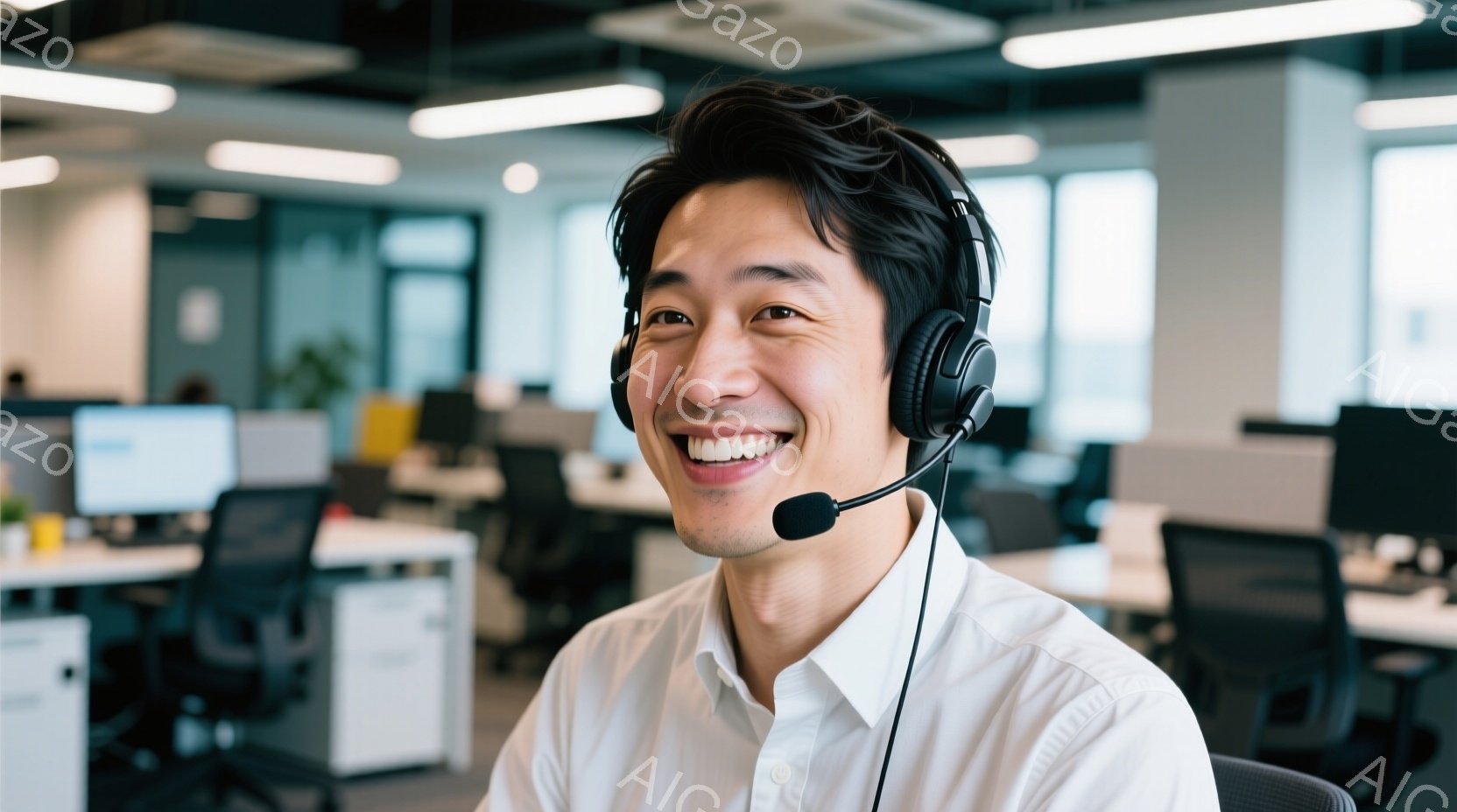この男性は白いシャツを着てヘッドセットを装着し、明るい笑顔を見せています。彼は椅子に座ってやや前傾姿勢で、リラックスした雰囲気です。背景にはオフィス内のデスクやモニターが見え、活気ある職場環境を示唆し - AI生成フリー素材