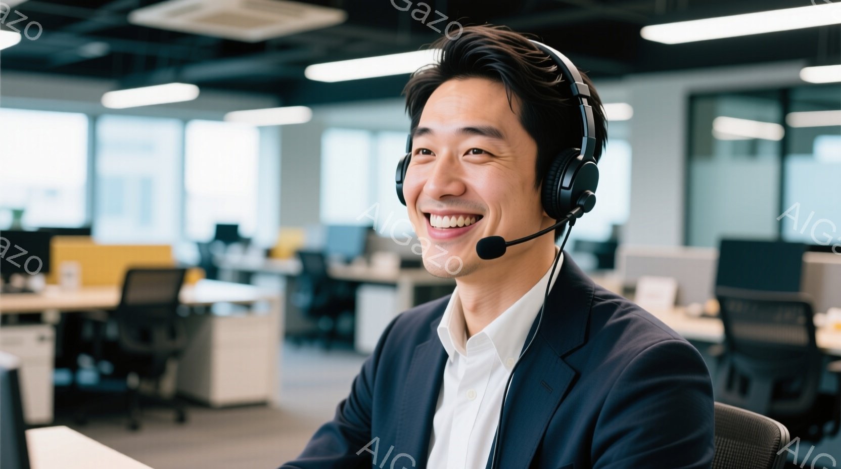 この男性はヘッドセットを着用し、オフィスで微笑んでいます。彼は紺色のジャケットと白いシャツを着ており、髪は短く整えられています。背景には、他のオフィスワーカーやデスクがぼやけて見え、明るく活気のある雰 - AI生成フリー素材