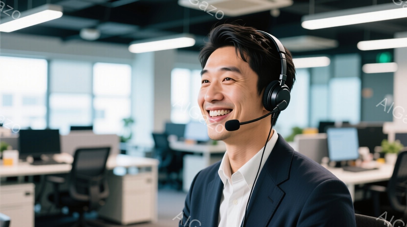 この男性はヘッドセットを着用し、明るい笑顔を浮かべている。彼は紺色のジャケットに白いシャツを着ており、ビジネスシーンにふさわしい服装をしている。背景にはオフィスがあり、他のデスクやコンピューターが見え - AI生成フリー素材