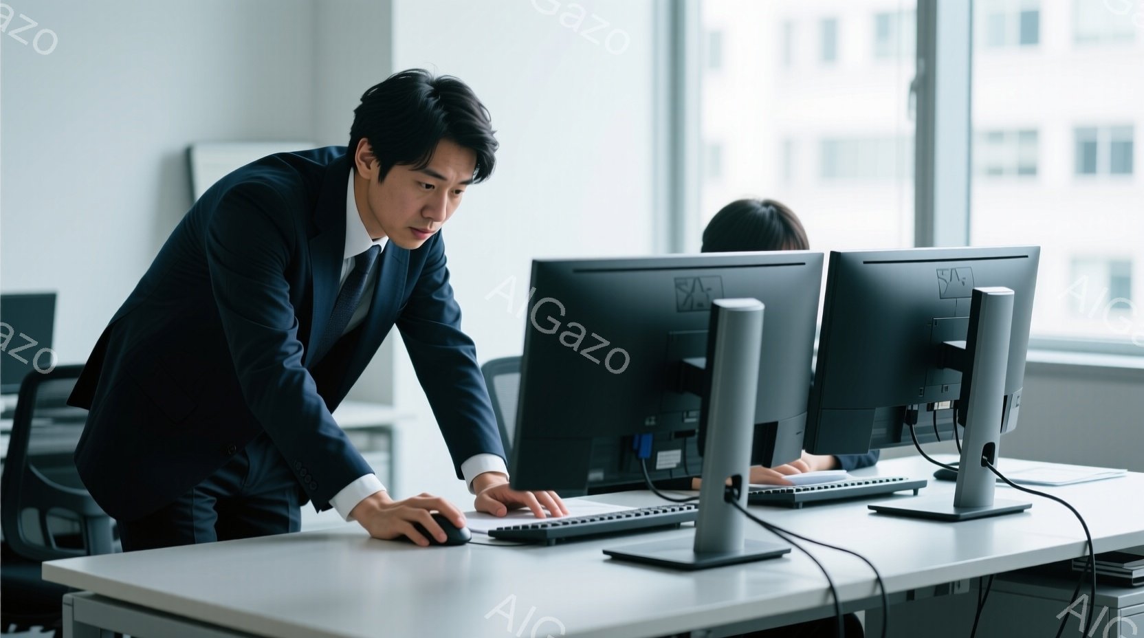 スーツを着た若い男性が、オフィスでパソコンに向かっている。彼は少し前かがみの姿勢で、マウスを操作しており、真剣な表情をしている。背景には、他のオフィスワーカーや、窓から見える近代的な建物群が見え、全体 - AI生成フリー素材