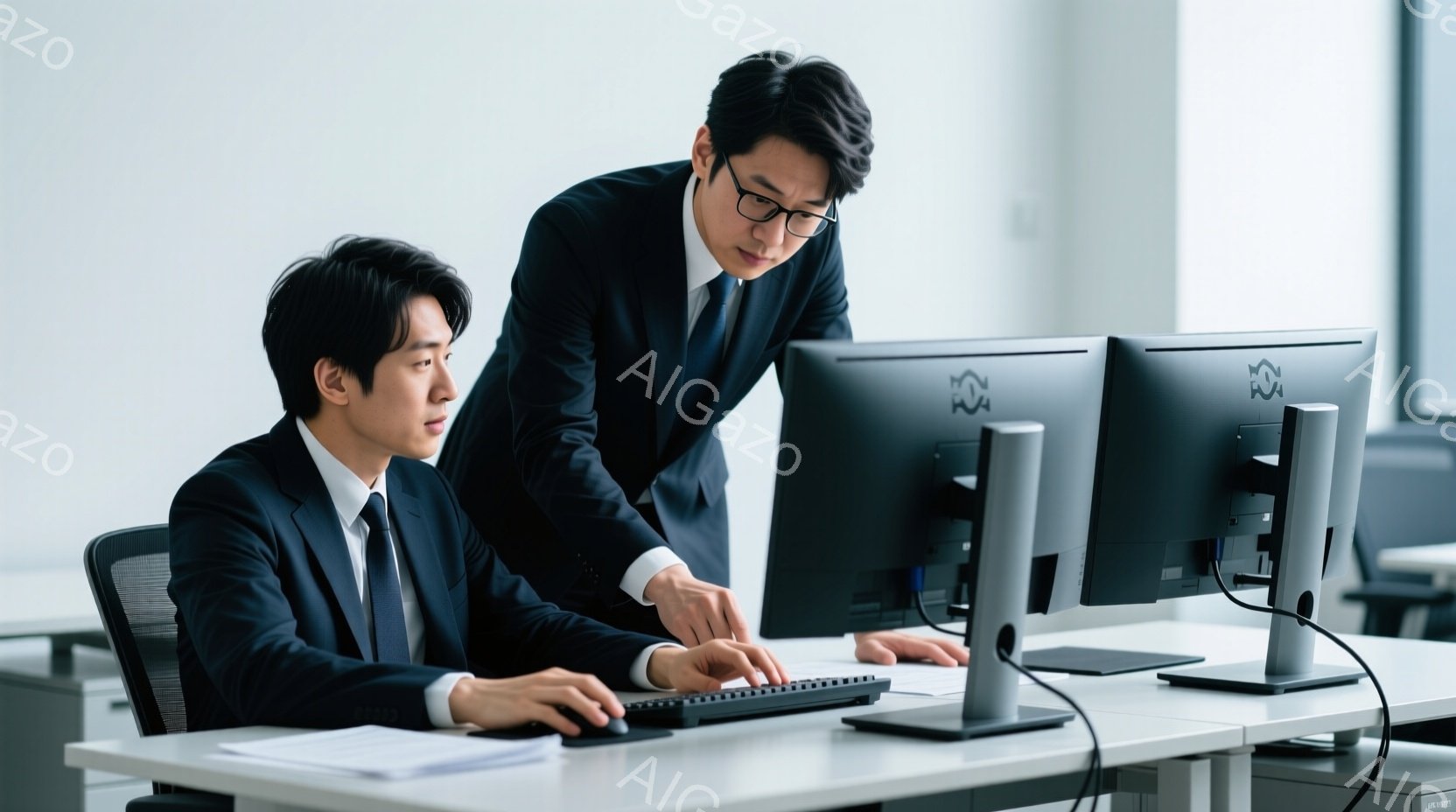 二人のビジネスマンがオフィスでパソコンに向かっている。彼らは紺色のスーツにネクタイを締め、黒髪を整えている。一人はキーボードを操作し、もう一人は少し身を乗り出し、画面を指差して指示しているようで、真剣 - AI生成フリー素材