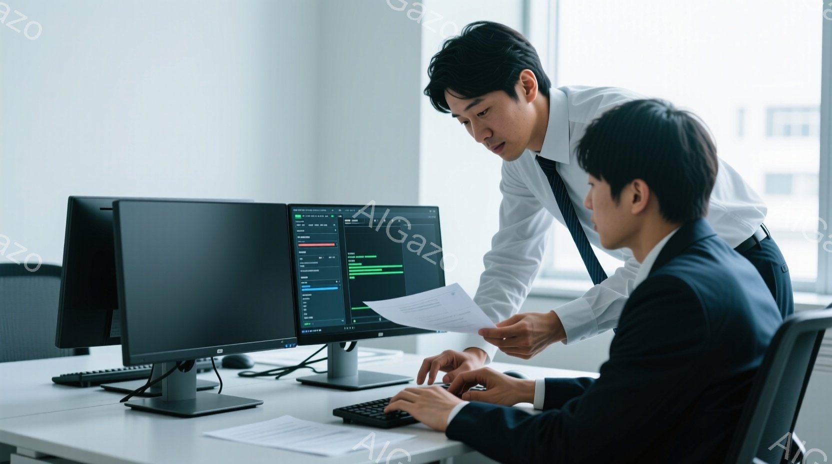 2人の男性がオフィスでコンピュータに向かっています。片方の男性はスーツ姿で、髪は短く整えられ、指で書類を指しながら、もう一方の男性に何かを説明しているようです。背景には窓があり、オフィスビルが見え、室内は明るく、プロフェッショナルな雰囲気が漂っています。