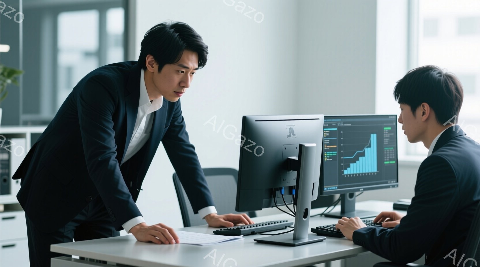 2人の男性がオフィスでパソコンを見ている。立っている男性は黒いスーツを着ており、髪は短く整えられている。彼はパソコン画面を指し示し、真剣な表情で何かを説明しているようだ。