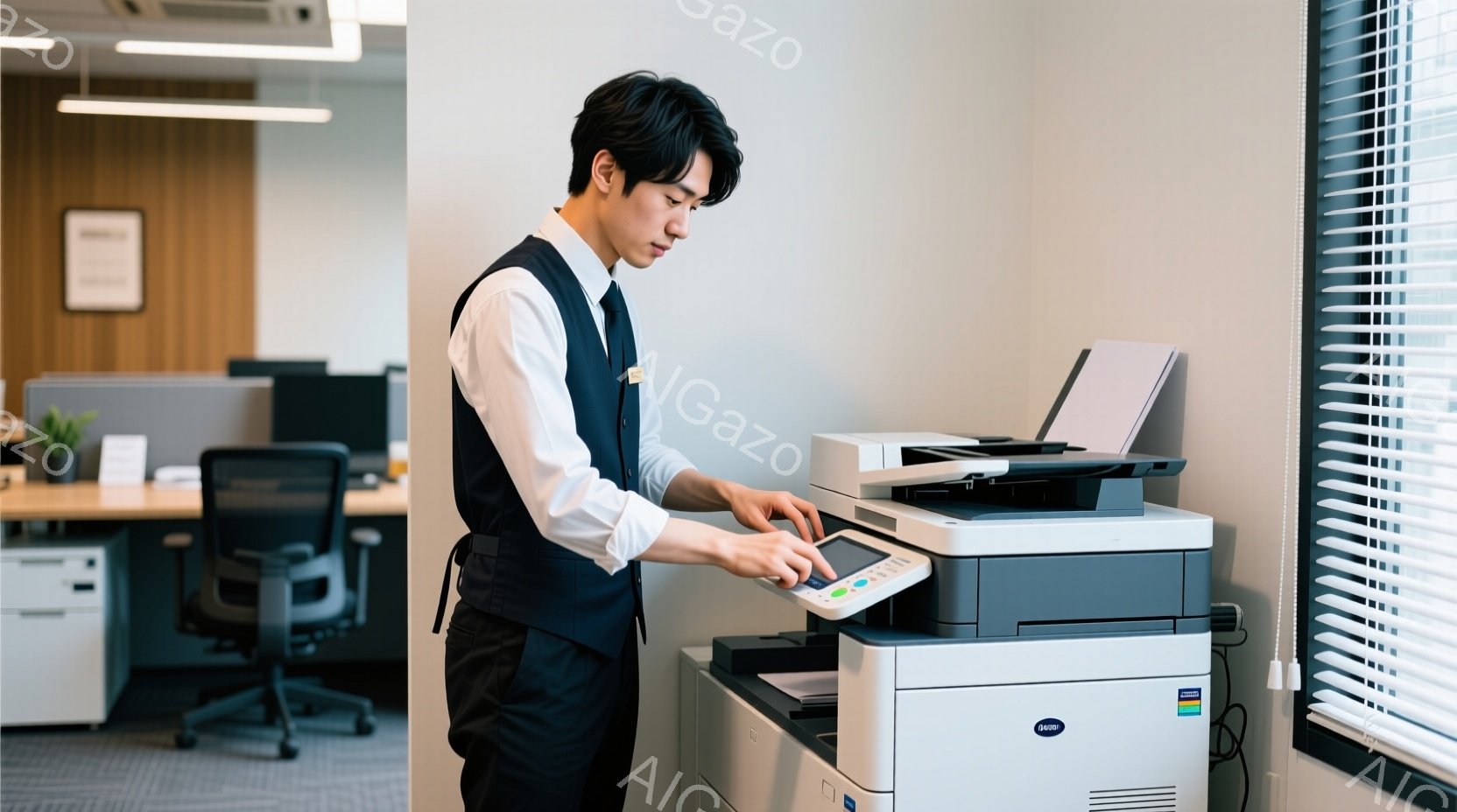 紺色のベストと白シャツを着た男性が、オフィスでコピー機を操作している。彼は髪を短く整え、真剣な表情で操作パネルを見つめている。背景にはオフィス家具や窓からの光が映り込み、ビジネスライクで落ち着いた雰囲 - AI生成フリー素材