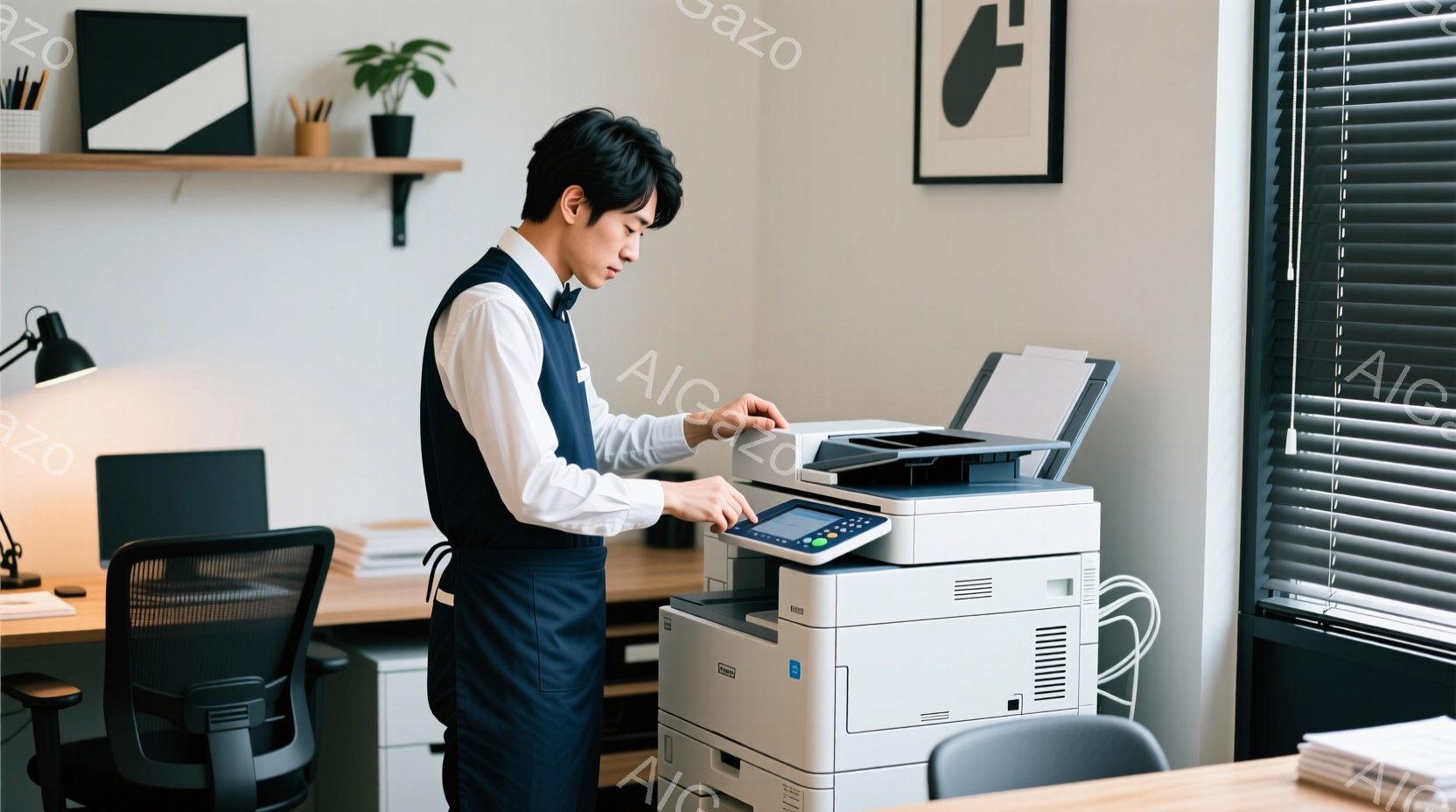 一人の男性がオフィスでコピー機を操作している。彼は白いシャツに濃い青色のベストとズボンを着用し、短く整えられた黒髪をしている。コピー機の操作パネルを見つめながら、集中した表情でコピーの設定を行っている - AI生成フリー素材